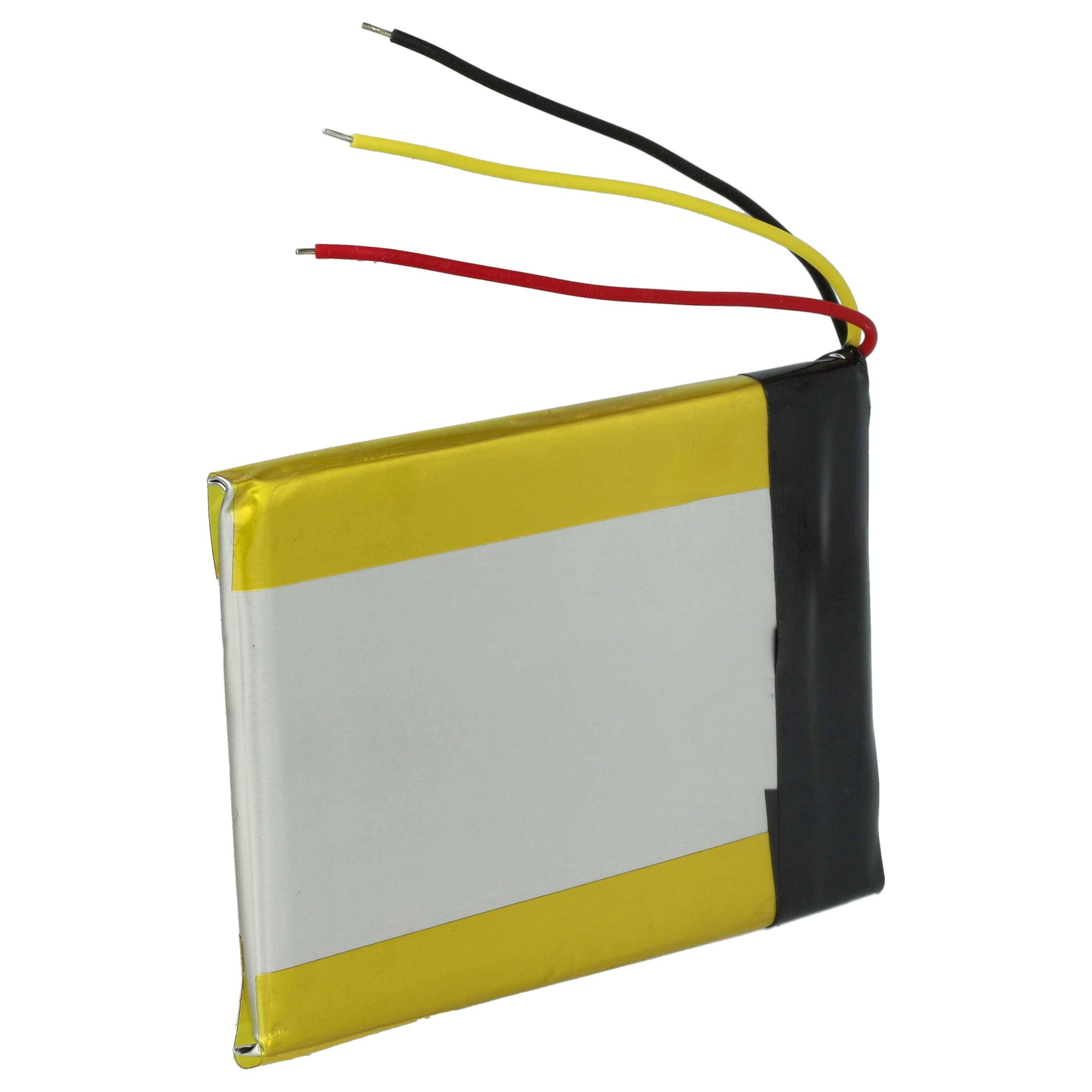 Ein flaches Lithium-Polymer-Akkupack mit roten, gelben und schwarzen Kabeln, die oben herausragen.
