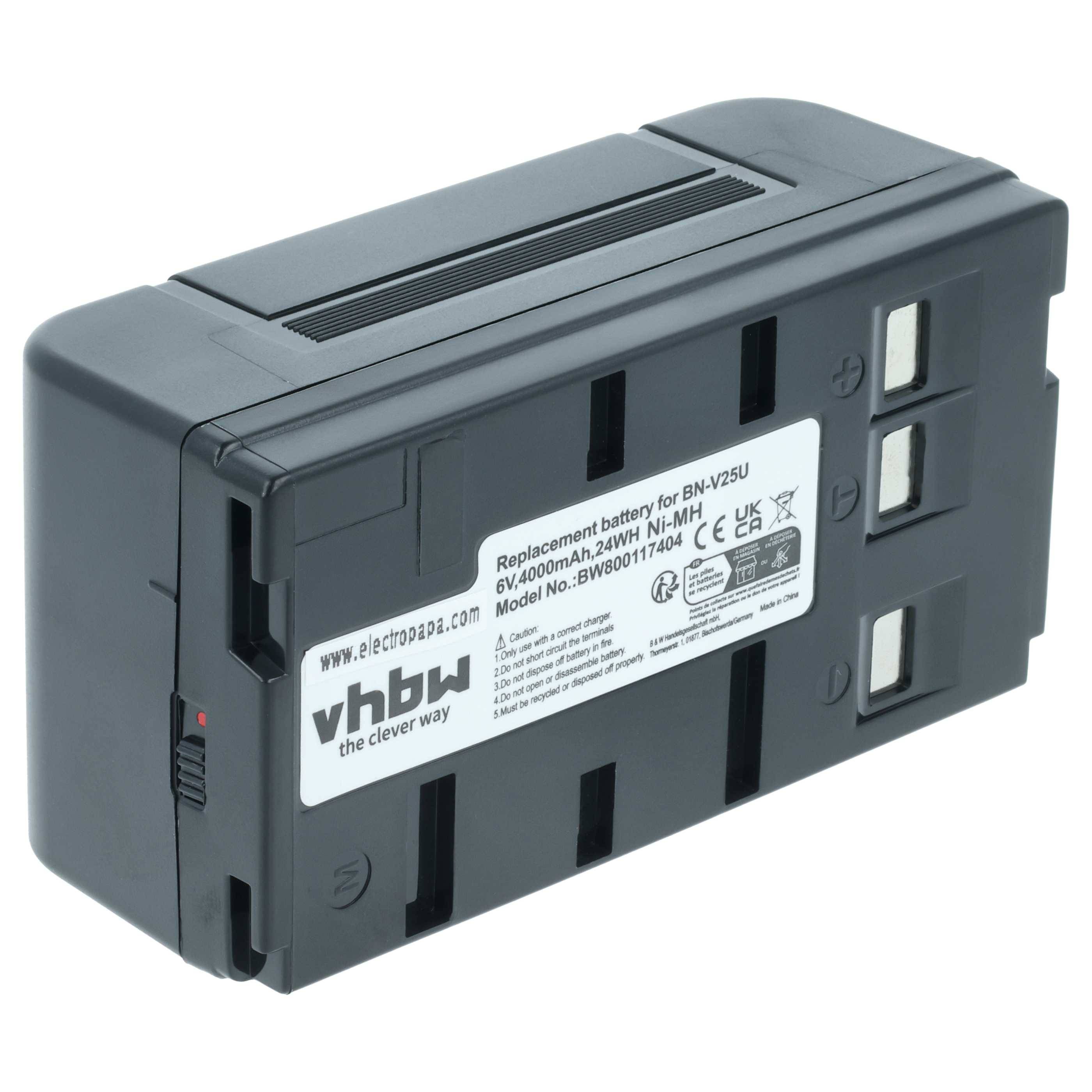 Ersatzbatterie mit Bezeichnung 'vhbw', geeignet für BNV25U, 6V 4000mAh, 24Wh. Schwarzes Gehäuse mit zwei Etiketten, die Spezifikationen anzeigen.