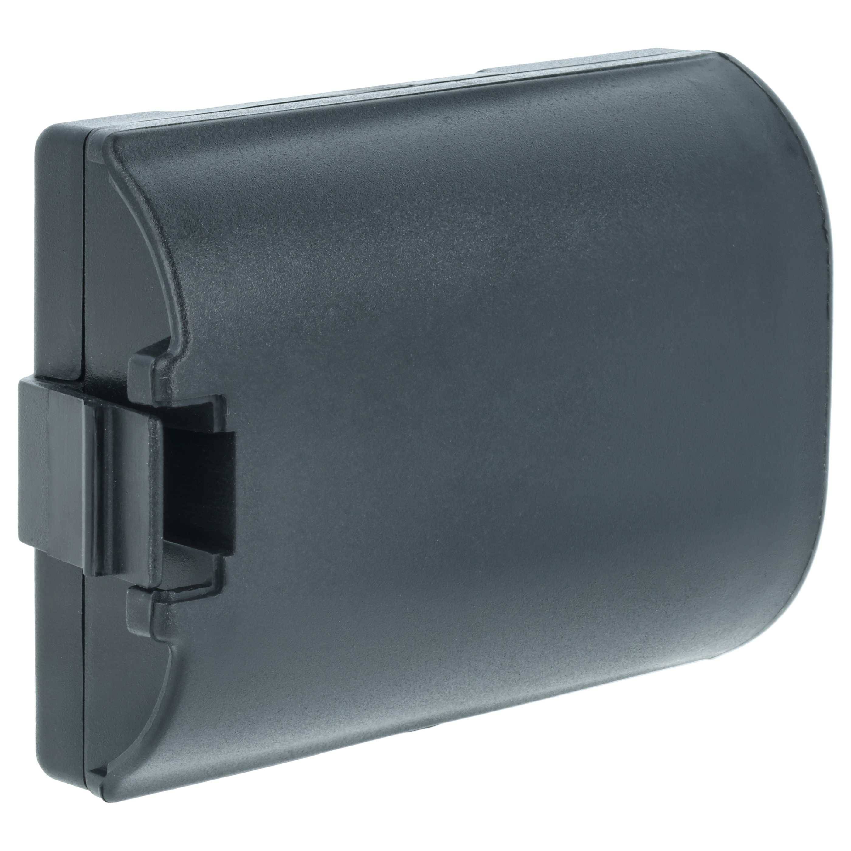 Eine rechteckige schwarze Kamerabatterie mit einem Verschluss an der Seite, wahrscheinlich für DSLR-Kameras verwendet.