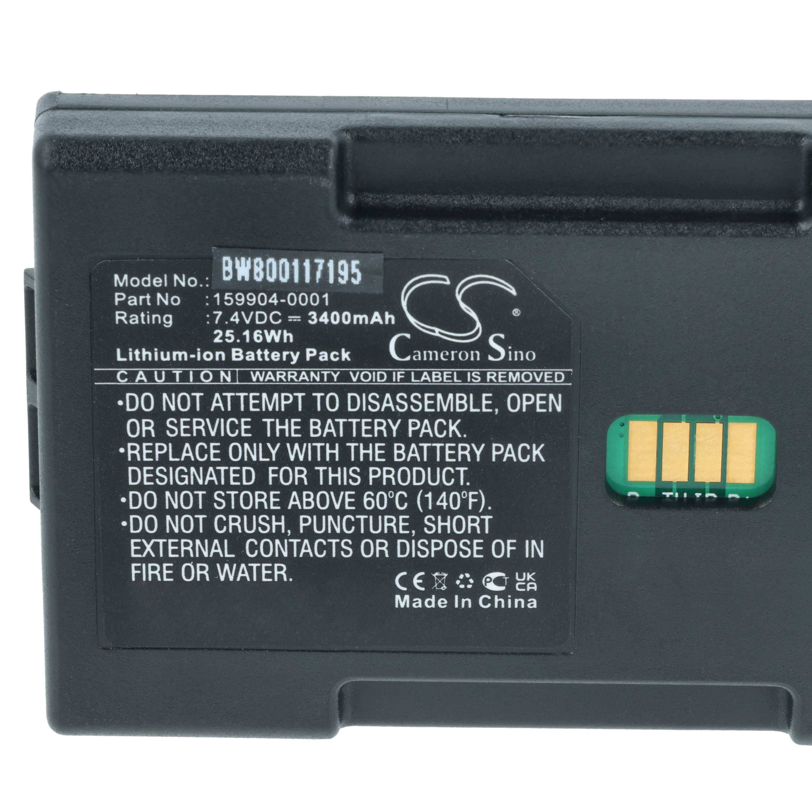 Batteriepacks-Etikett mit Modell 'BW800117195', Bewertung 7,4V, 3400mAh, 25,16Wh. Enthält Warnhinweise zum Zerlegen, zu Beschädigungen und zur Entsorgung.
