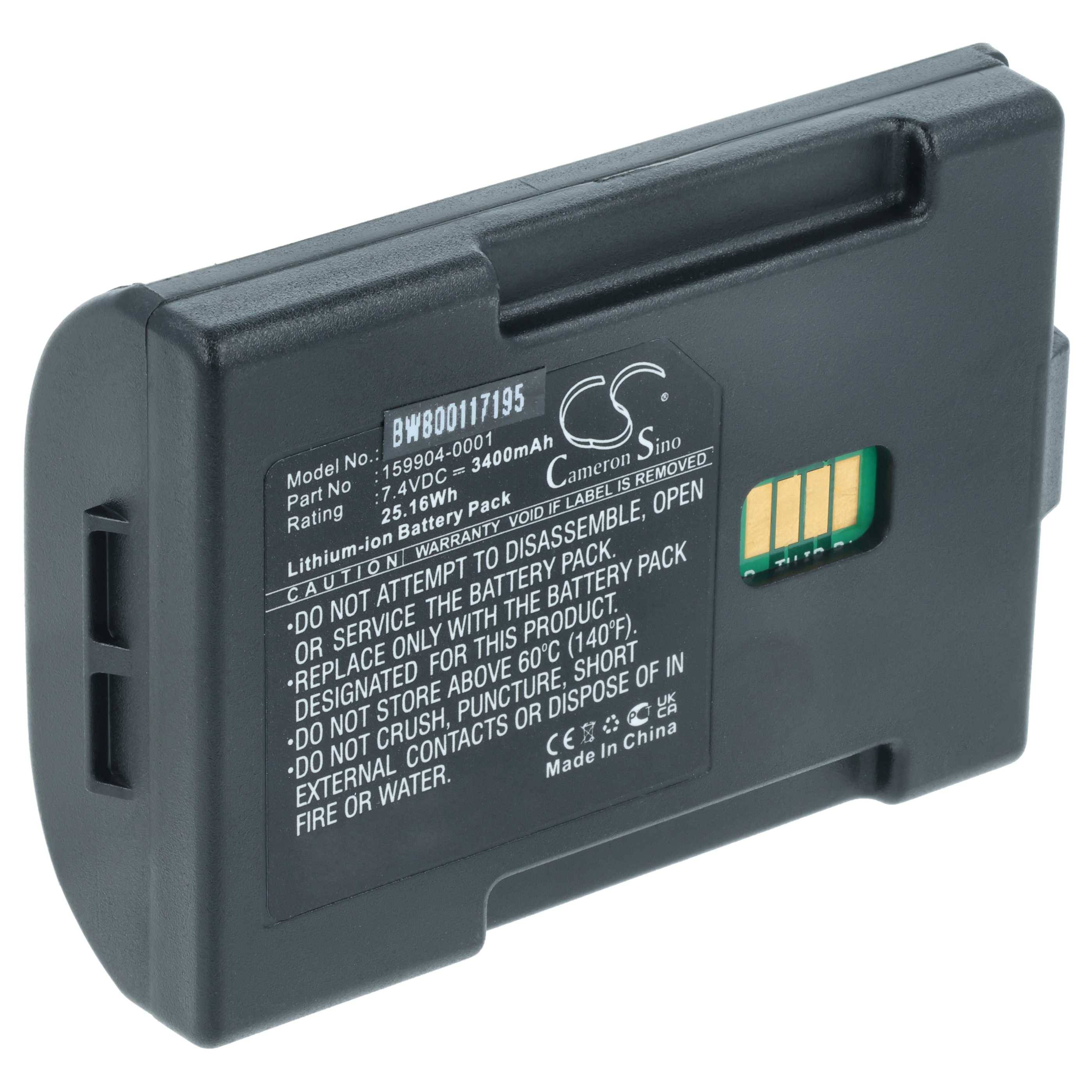 Lithium-Ionen-Akkupack mit der Typenbezeichnung 'Model No: 159004-0005' mit 7,4V, 3400mAh Kapazität. Enthält Warnhinweis, nicht zu zerlegen.
