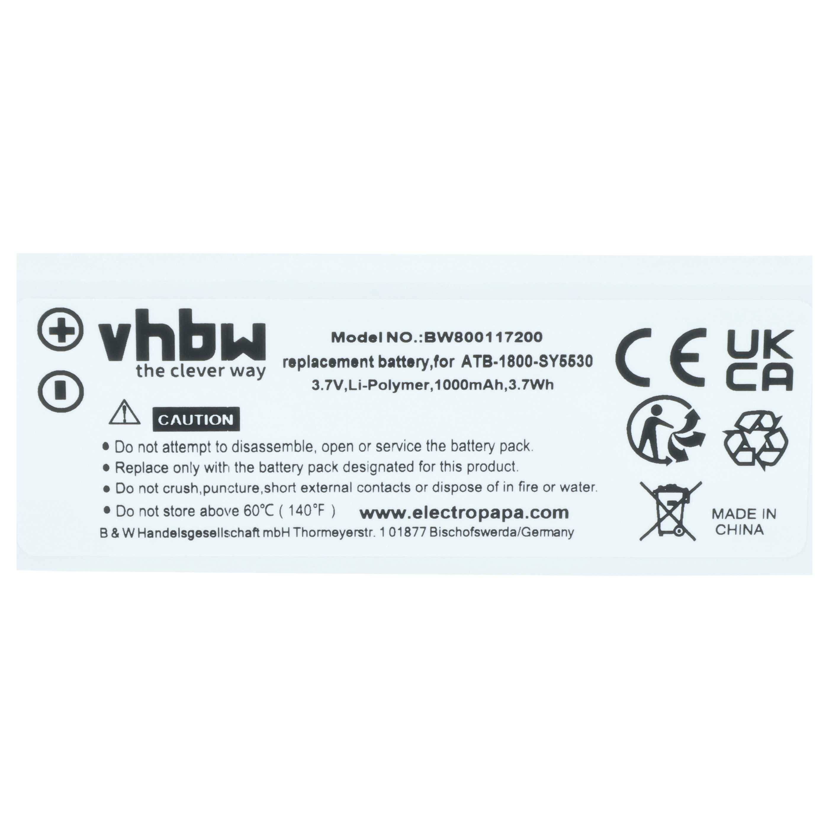 Etikett einer vhbw-Ersatzbatterie, Modell BW800117200, 7,3V Li-Polymer 1000mAh 3,7Wh, Verwarnungsmeldungen und CE/UKCA-Zertifizierungszeichen.