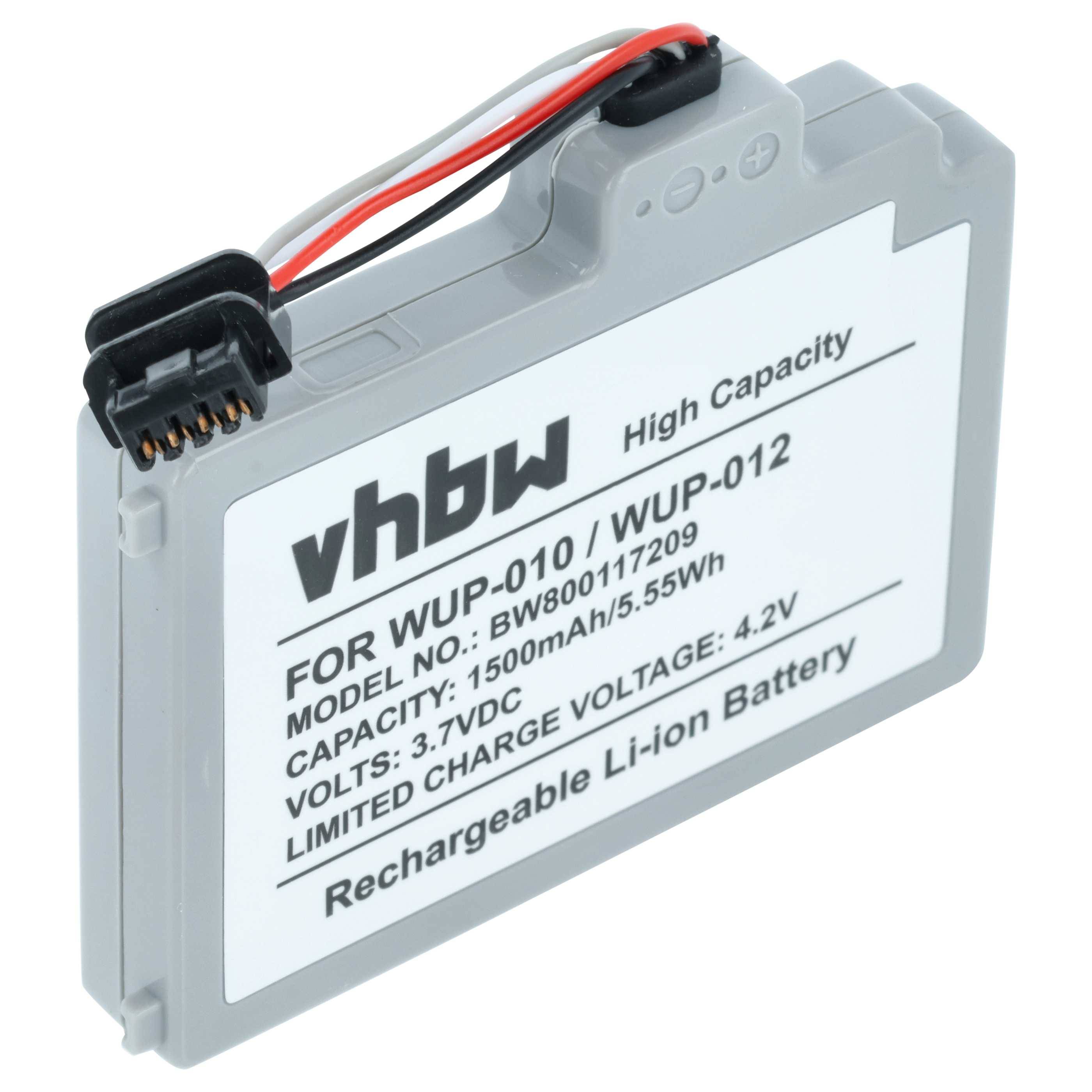 Wiederaufladbare vhbw Lithium-Ionen-Batterie mit Stecker, gekennzeichnet für WUP-010/WUP-012, 1500mAh, 3,7VDC, 4,2V Ladespannung.