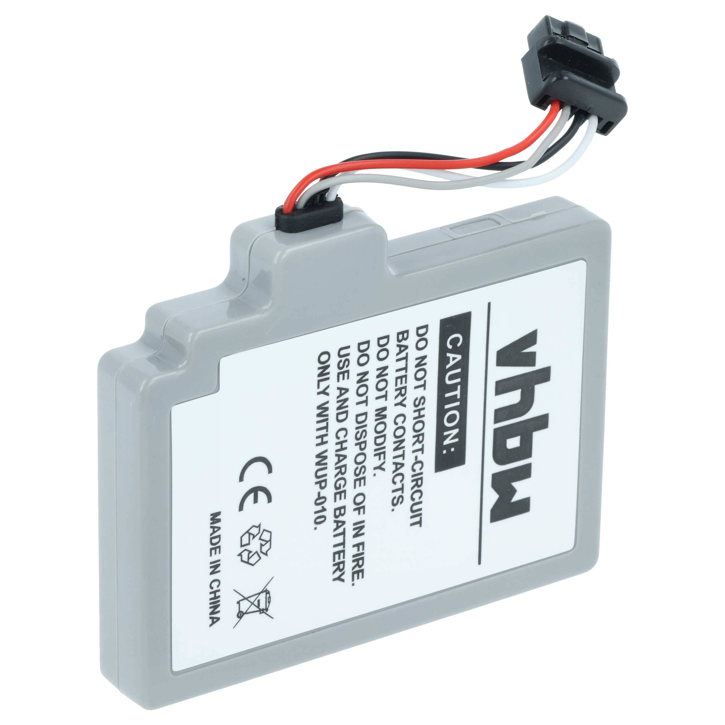 Das Bild zeigt eine vhbw-Batterie mit einem Warnschild, das vor Kurzschluss, Feuereinwirkung oder Demontage warnt. Hergestellt in China.