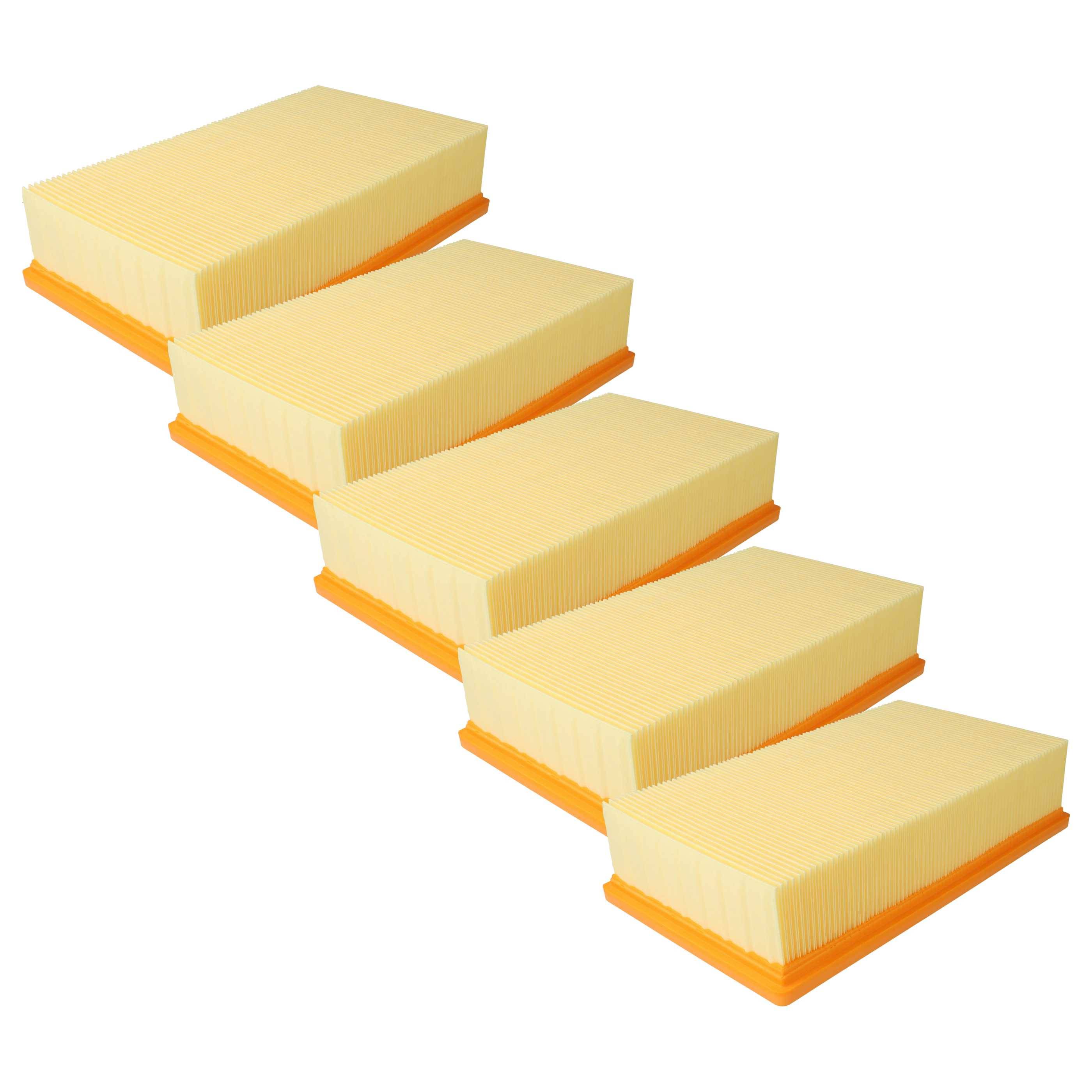 Fünf identische rechteckige Luftfilter mit gefalteten beigen Oberflächen und orangefarbenen Basen, in einem versetzten Stapel angeordnet.