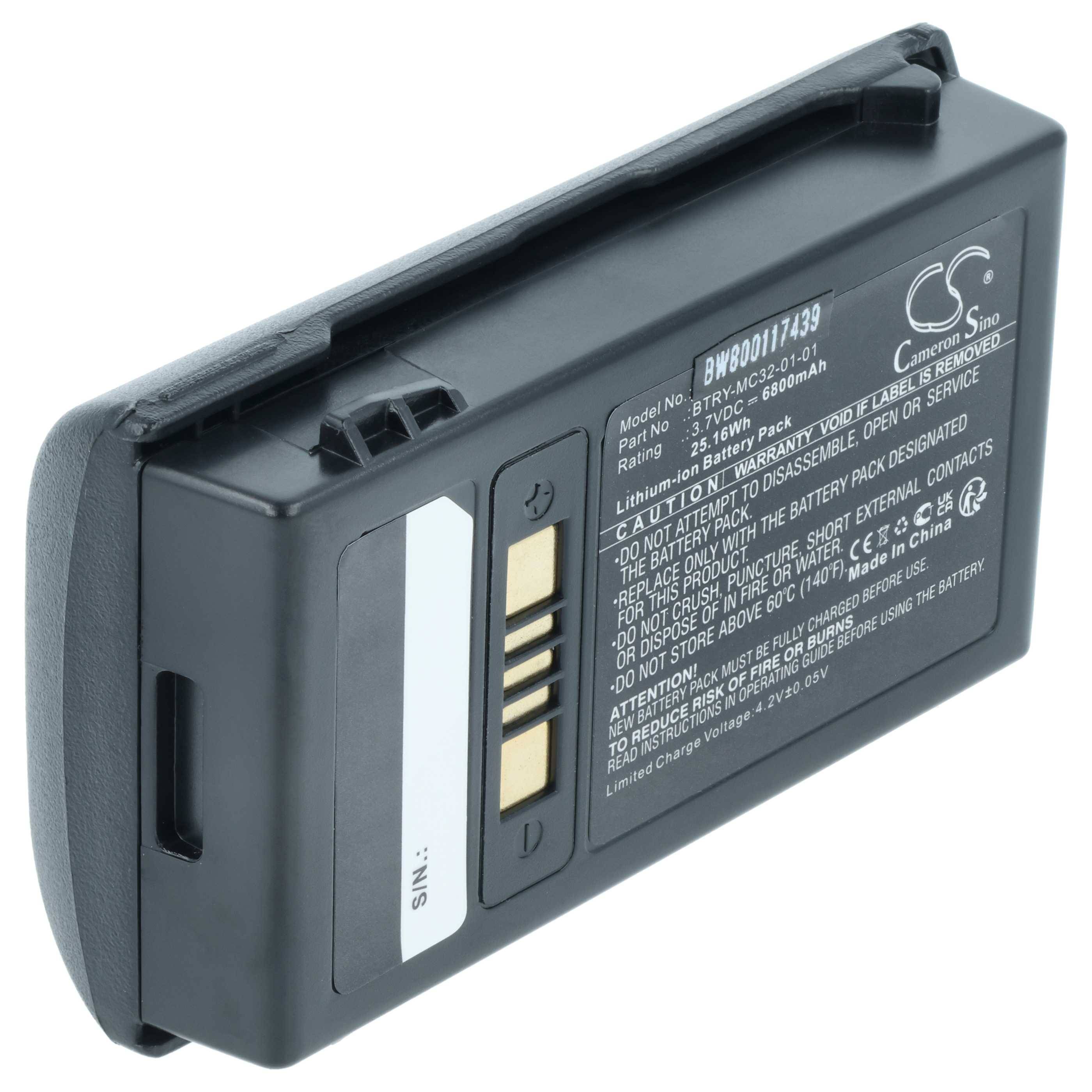 Eine rechteckige Lithium-Ionen-Batterie mit Goldkontaktpunkten und sichtbaren Herstellerdetails, einschließlich Modell- und Warnhinweisen.