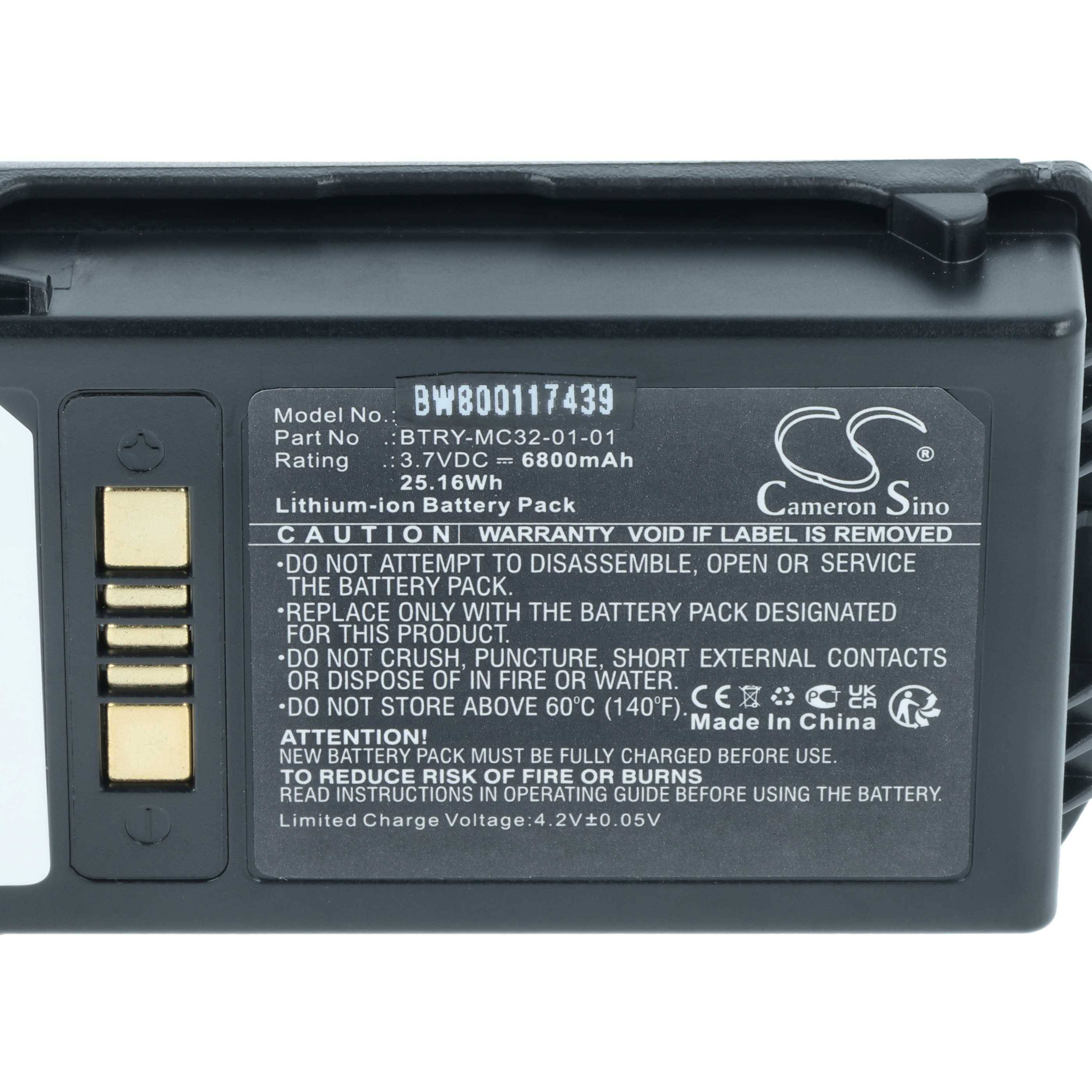 Lithium-Ionen-Akkupack, Modell-Nr.: BTRY-MC32-01-01, 3,7V, 6800mAh, 25,16Wh. Warnhinweise: Nicht zerlegen oder Feuer aussetzen.