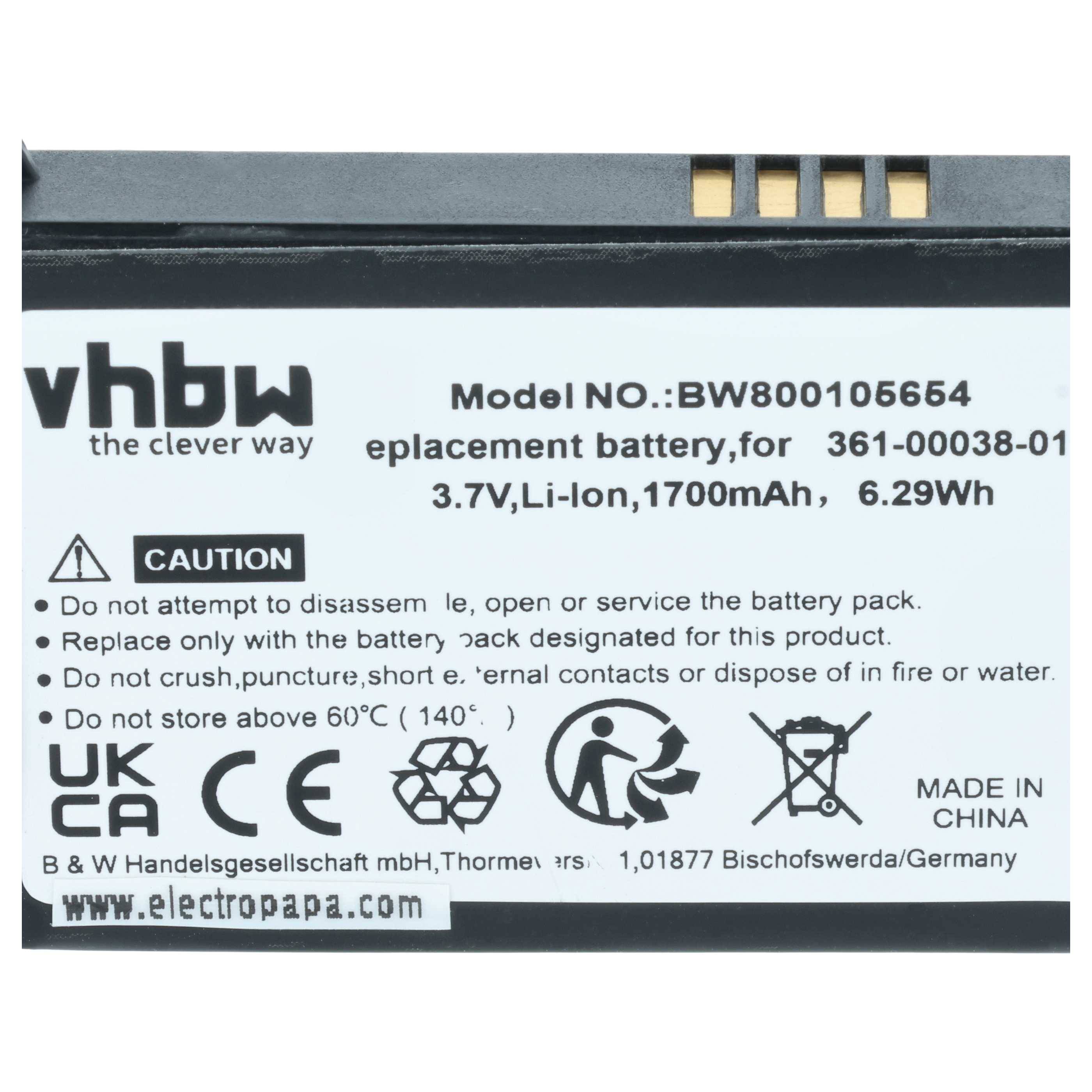 vhbw Akku Ersatz für Garmin 361-00038-01, 010-11143-00 für GPS Navigation Navi (1700 mAh, 3,7 V, Li-Ion)