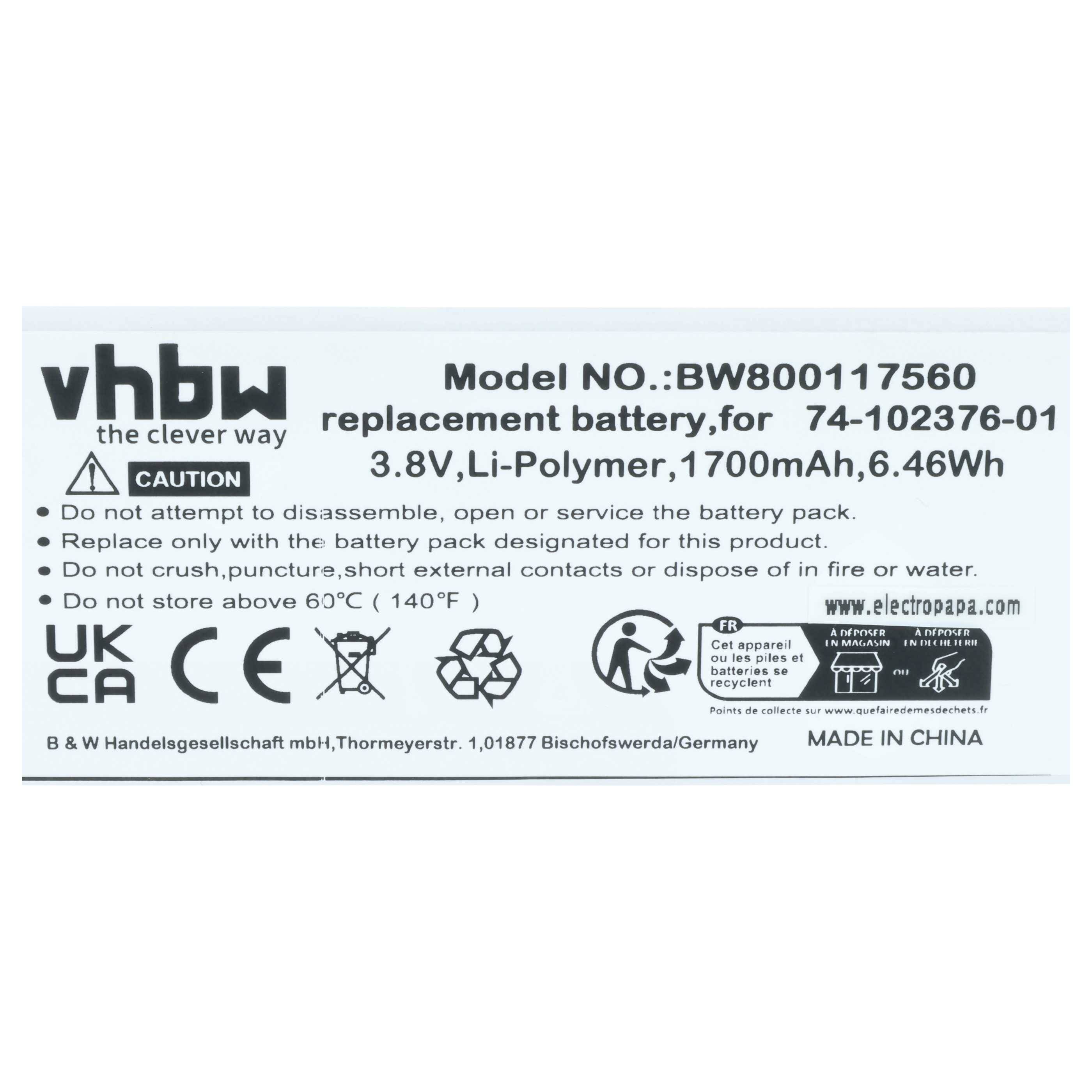 vhbw 5x Akku Ersatz für Cisco GP-S10-374192-010H, CP-BATT-8821, 74-102376-01 für schnurlos Festnetz Telefon (1700 mAh, 3,8 V, Li-Polymer)