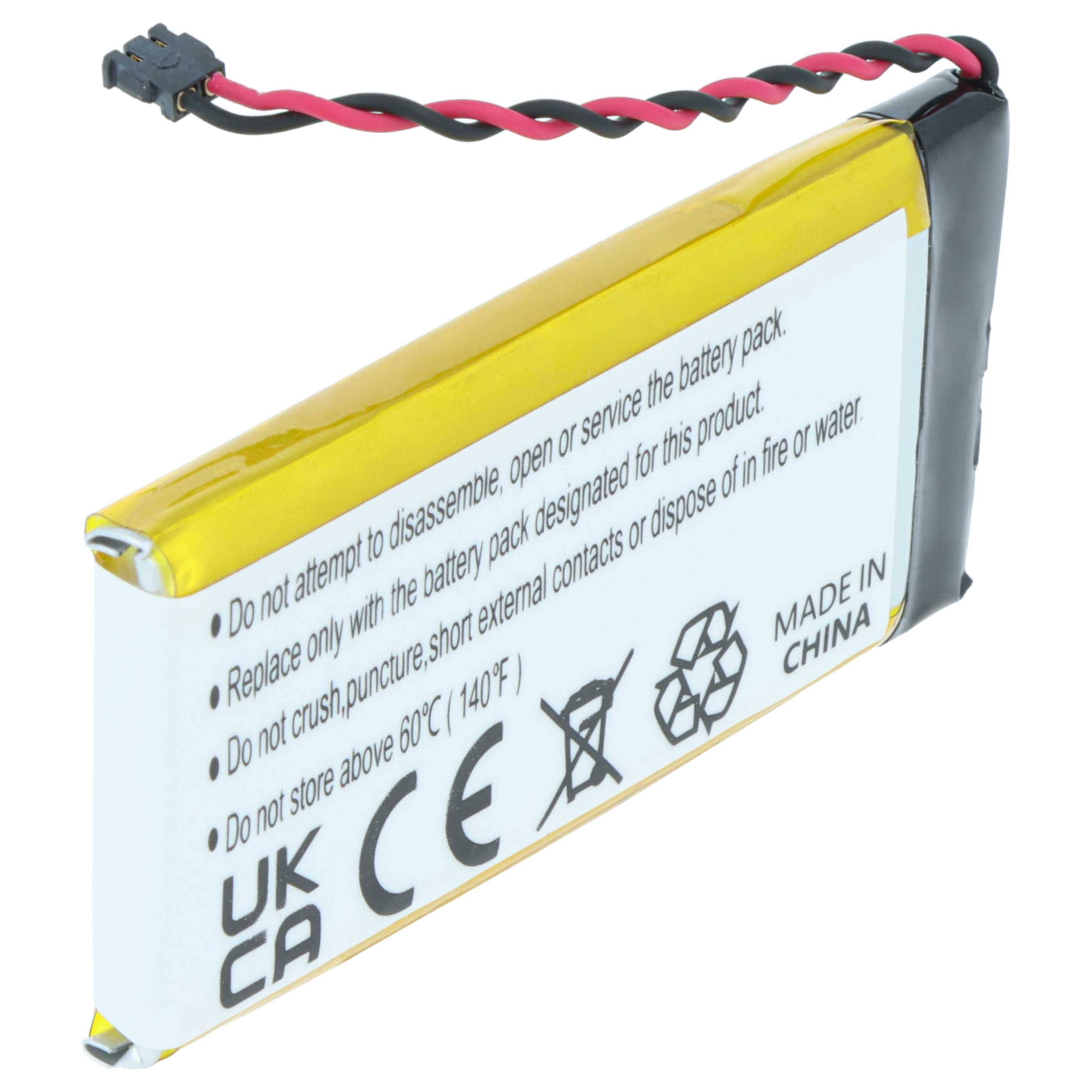 Eine rechteckige, gelbe Lithium-Ionen-Batterie mit schwarzem und rotem verdrehtem Draht. Warnhinweise auf dem Etikett warnen vor Zerlegung und unsachgemäßer Entsorgung.