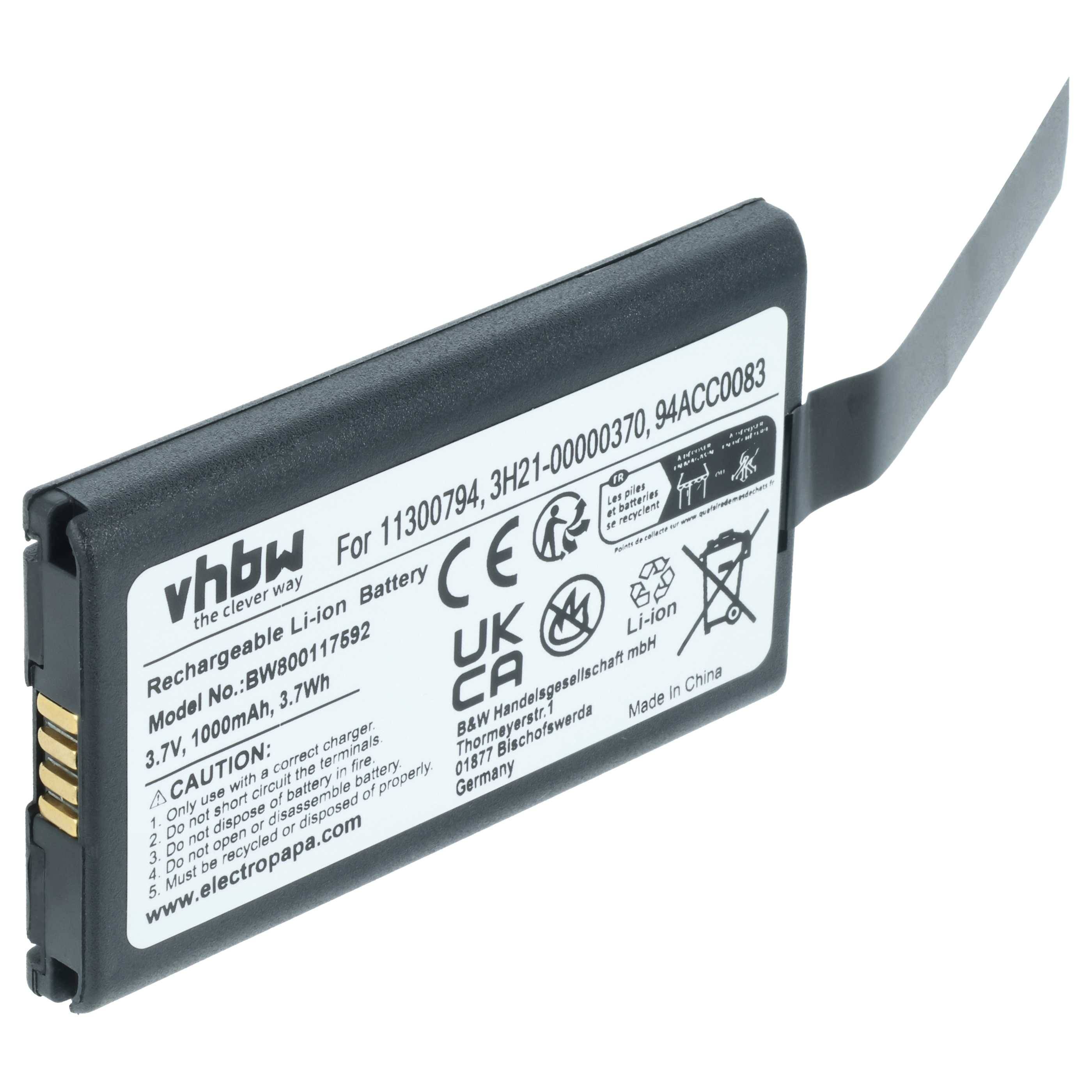 Wiederaufladbarer Lithium-Ionen-Akku mit der Bezeichnung 'vhbw', 3,7V, 1000mAh, mit Sicherheitssymbolen und der Modellnummer BWB0011782 auf der Seite gedruckt.