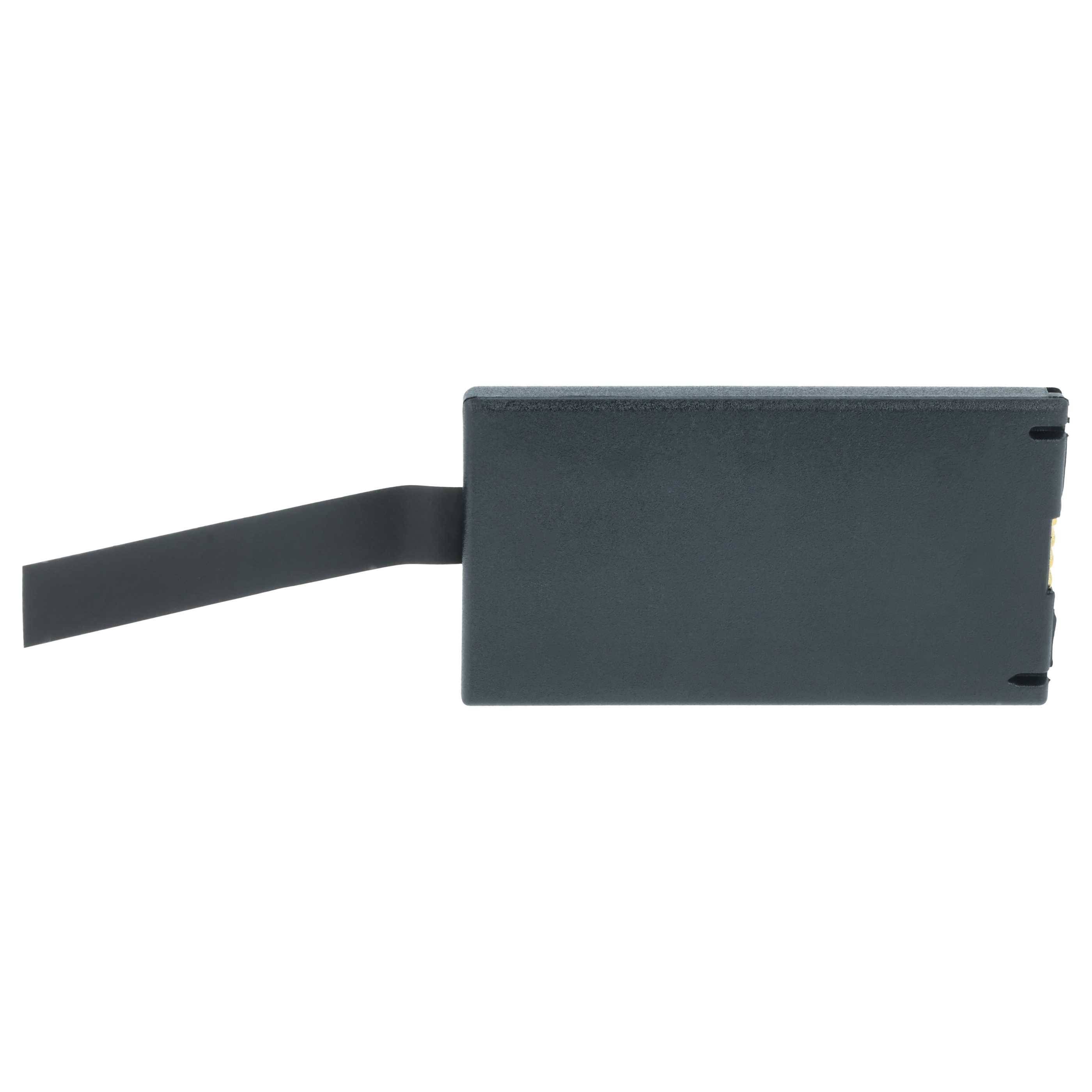 Grauer rechteckiger Kunststoffgegenstand mit einem flachen, vorspringenden schwarzen Band an einer Seite.