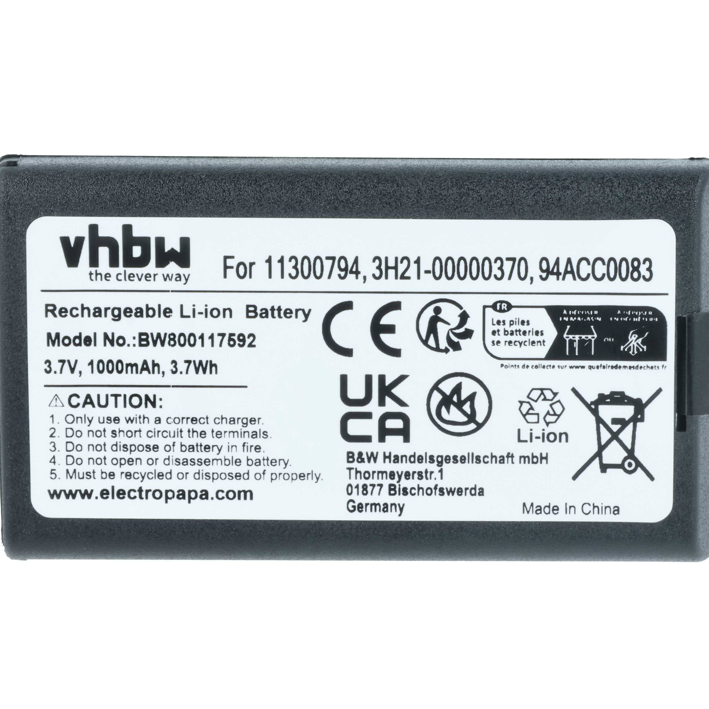 Eine wiederaufladbare Li-Ion-Batterie mit der Bezeichnung 'vhbw' und dem Modell BW800117692, 3,7V, 1000mAh. Enthält Sicherheitswarnungen und Zertifizierungssymbole. Hergestellt in China.