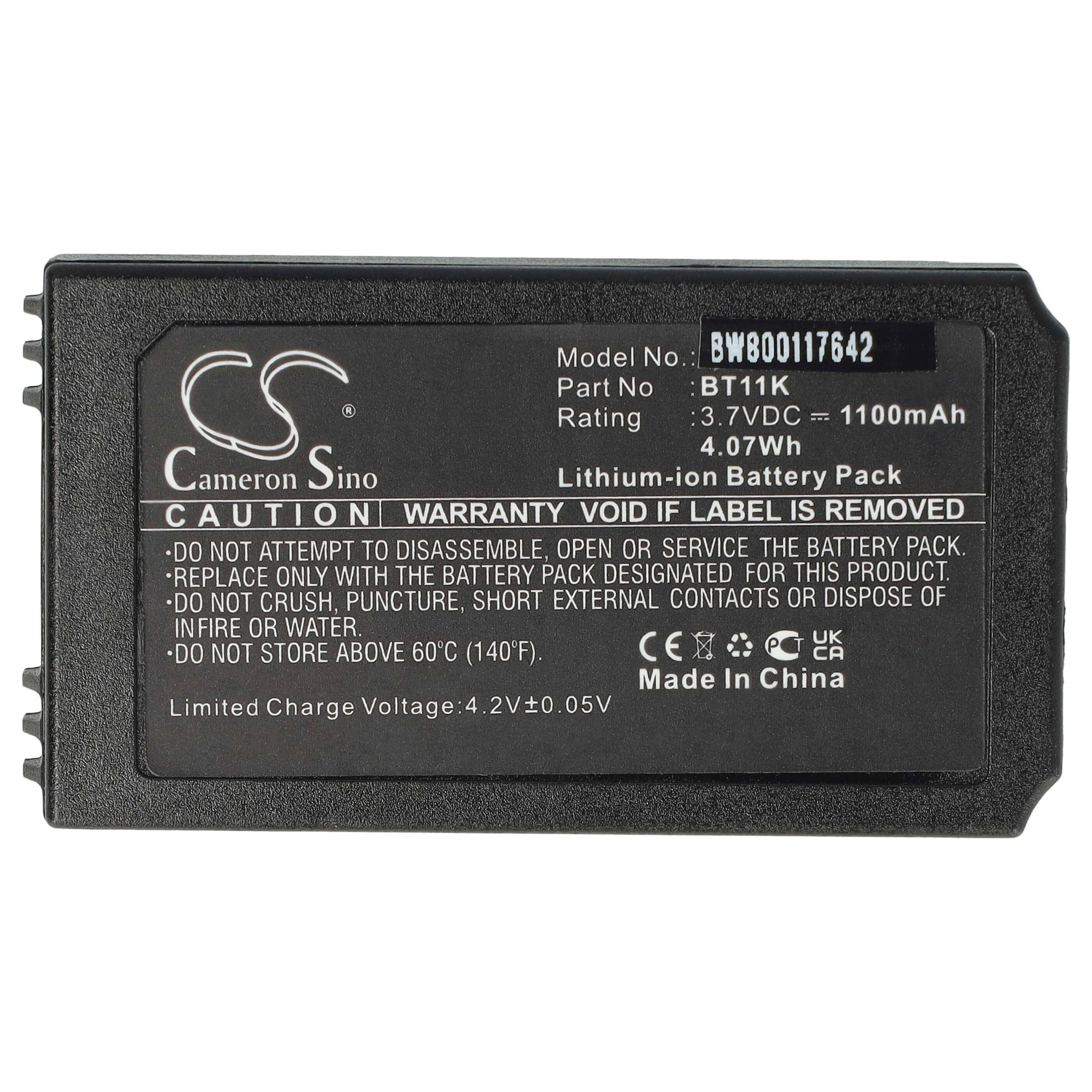 Lithium-Ionen-Akkupack, Modell BW800117642, Teil BT11K. Nennwerte: 3,7VDC, 1100mAh, 4,07Wh. Warnung: Nicht auseinandernehmen, Kurzschluss vermeiden oder hohen Temperaturen aussetzen.