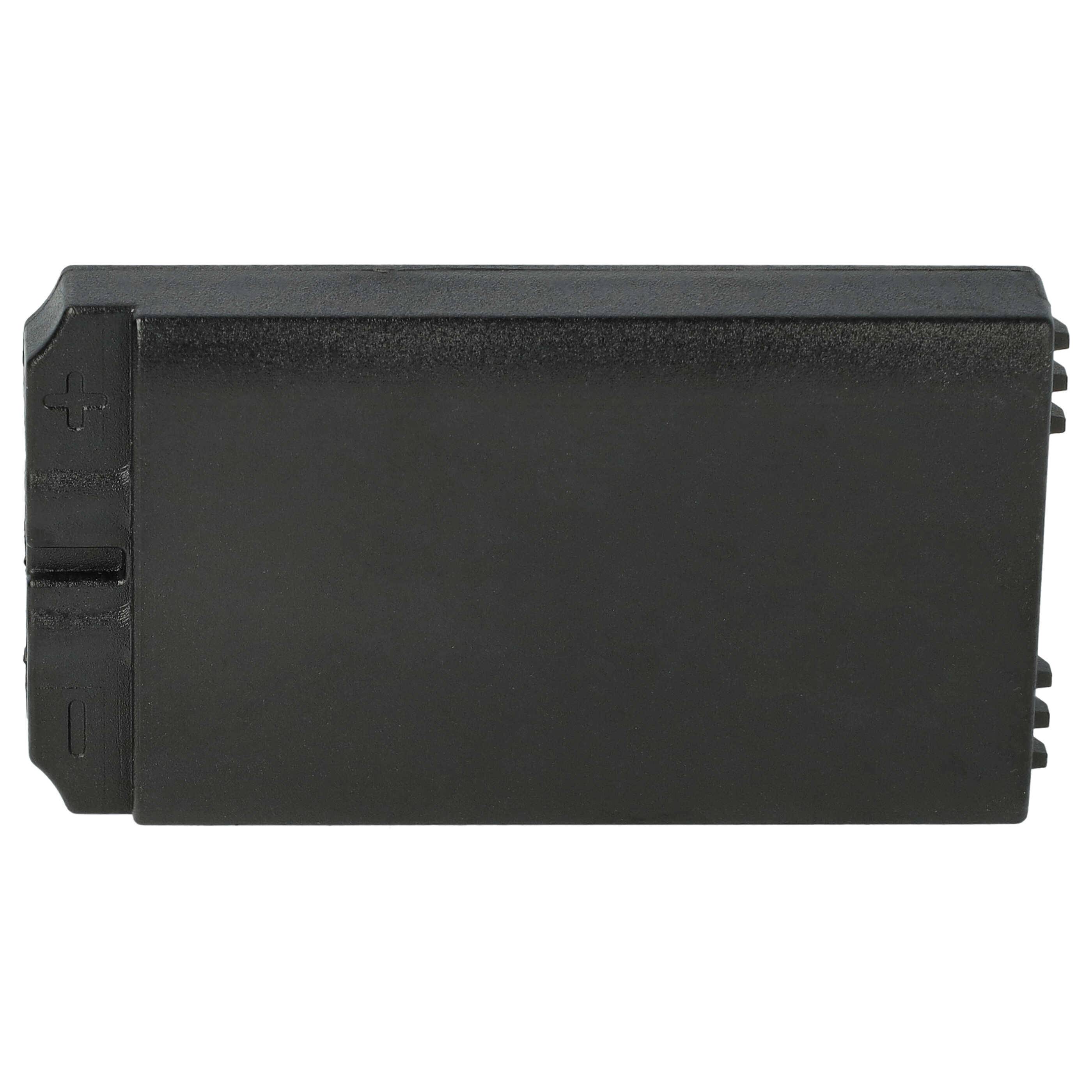 Ein rechteckiges schwarzes Batteriepack mit '+' und '-' Symbolen, die die Polarität auf der linken Seite anzeigen.