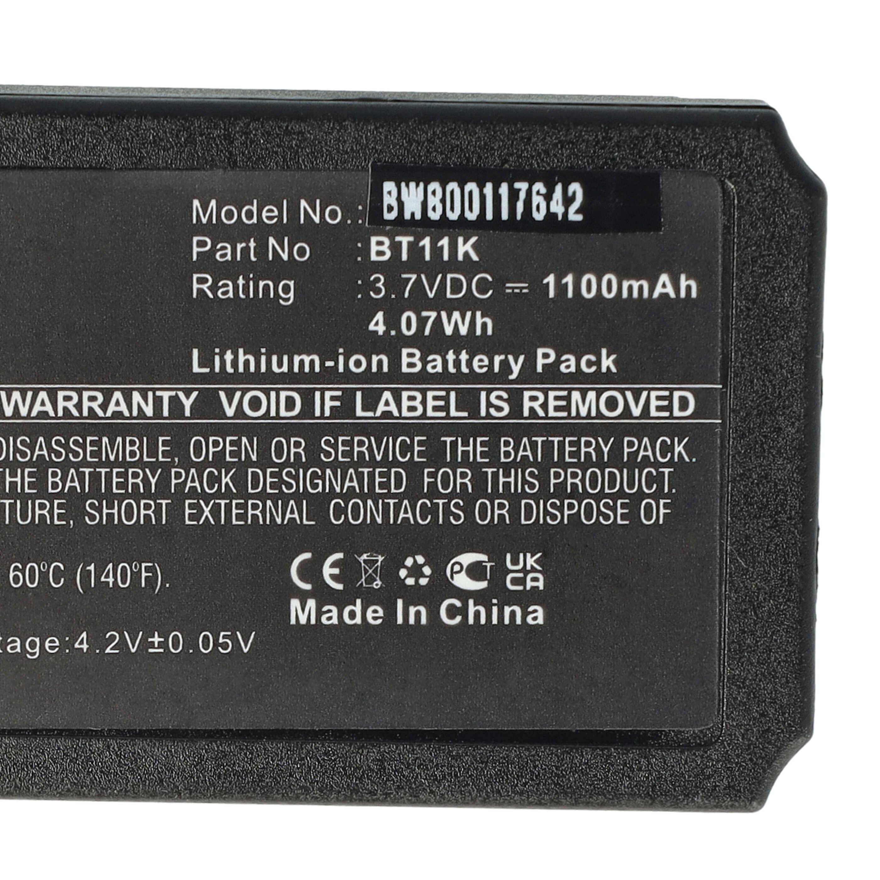 Etikett auf einem Lithium-Ionen-Akkupack mit der Aufschrift „Modell BW800117642, BT11, 3,7V DC, 1100mAh, 4,07Wh