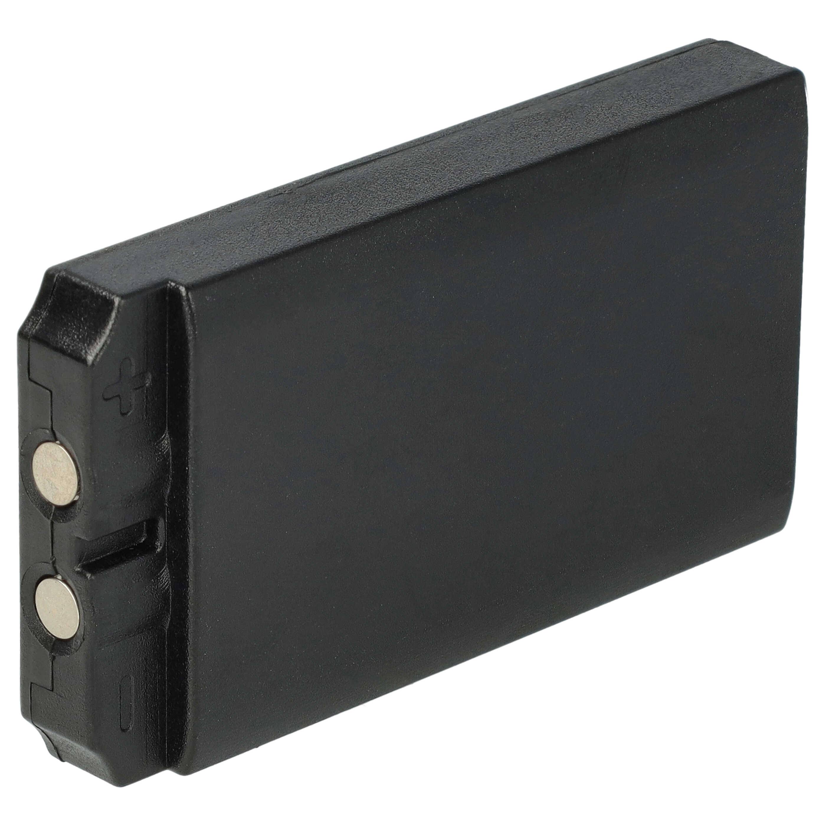 Eine schwarze rechteckige Lithium-Ionen-Batterie mit '+' und '-' Symbolen in der Nähe der Anschlüsse auf einer Seite.