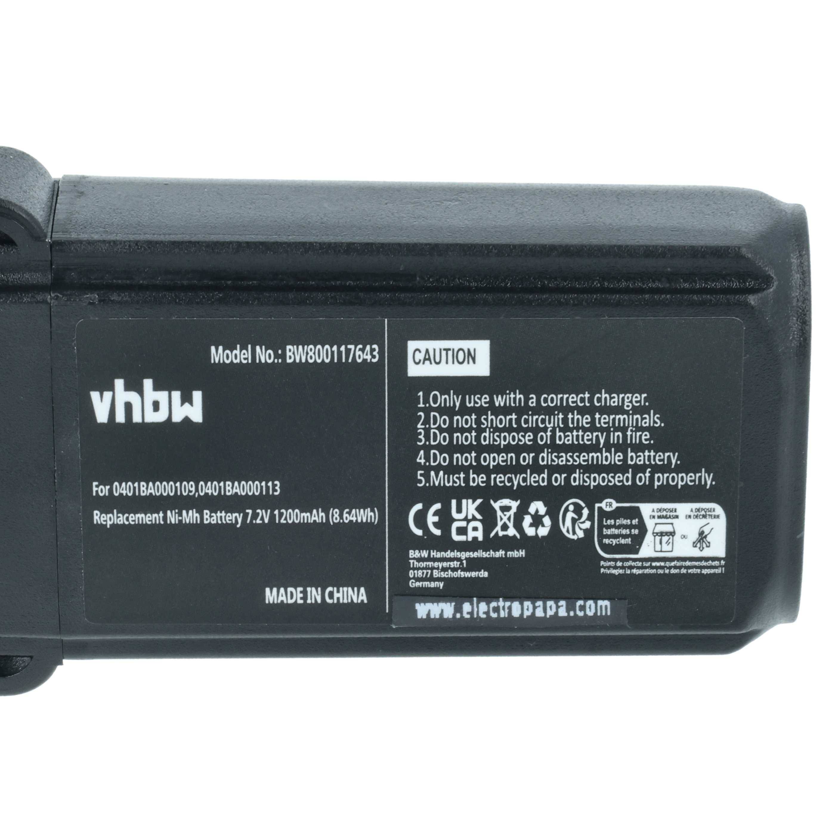 Eine schwarze wiederaufladbare Batterie mit der Beschriftung 'vhbw', Modellnummer 