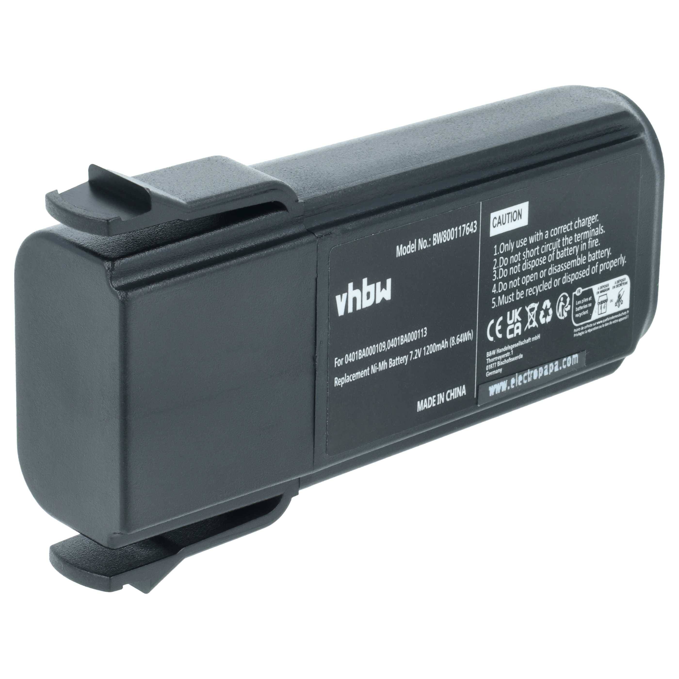 Ein Ersatzakku für eine Kamera mit Modellnummer BM03711649, 7,2V, 1200mAh, hergestellt in China, mit auf dem Etikett sichtbaren Warnhinweisen.