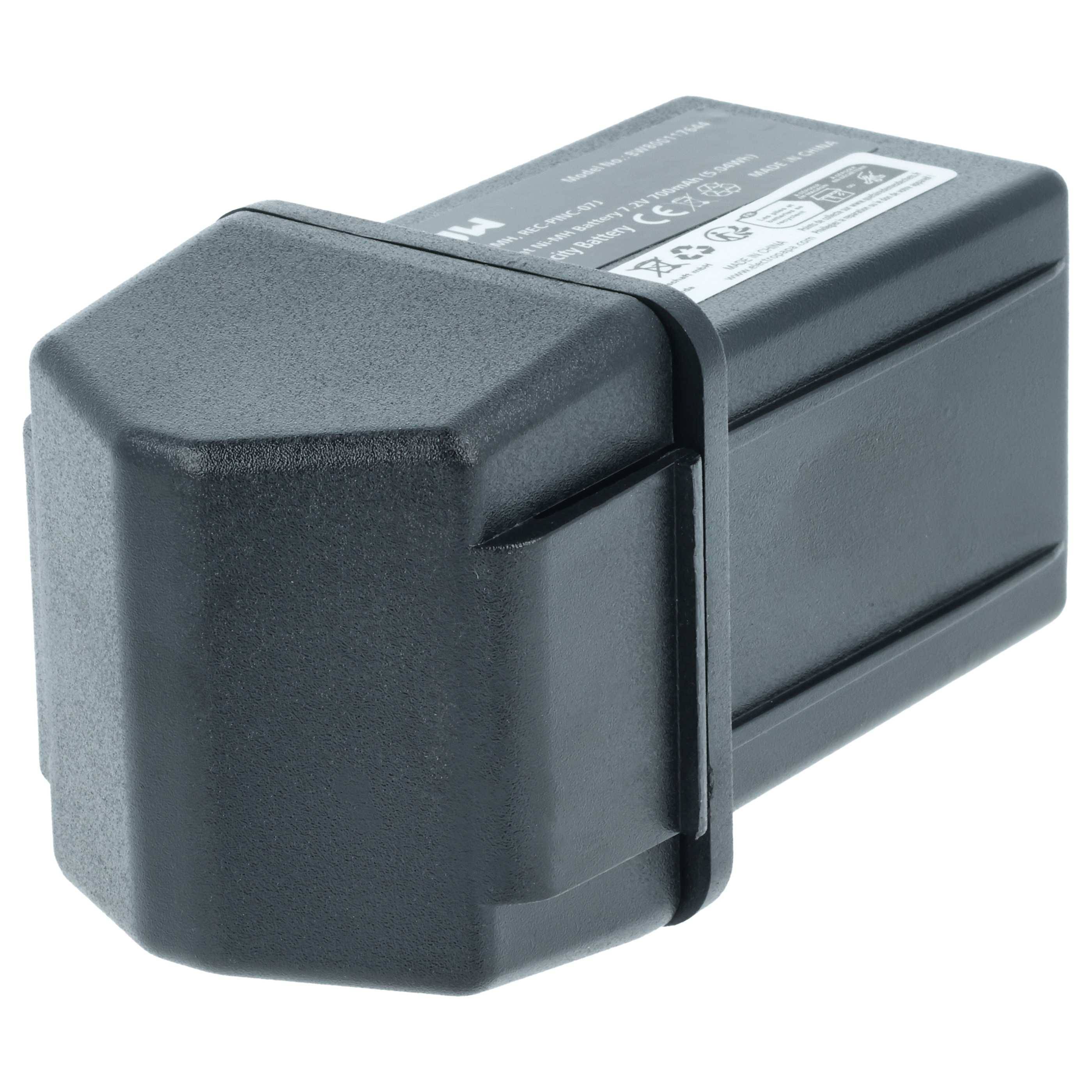 Eine schwarze wiederaufladbare Batteriebox mit einer Seite, die Spezifikationen und Sicherheitssymbole enthält.