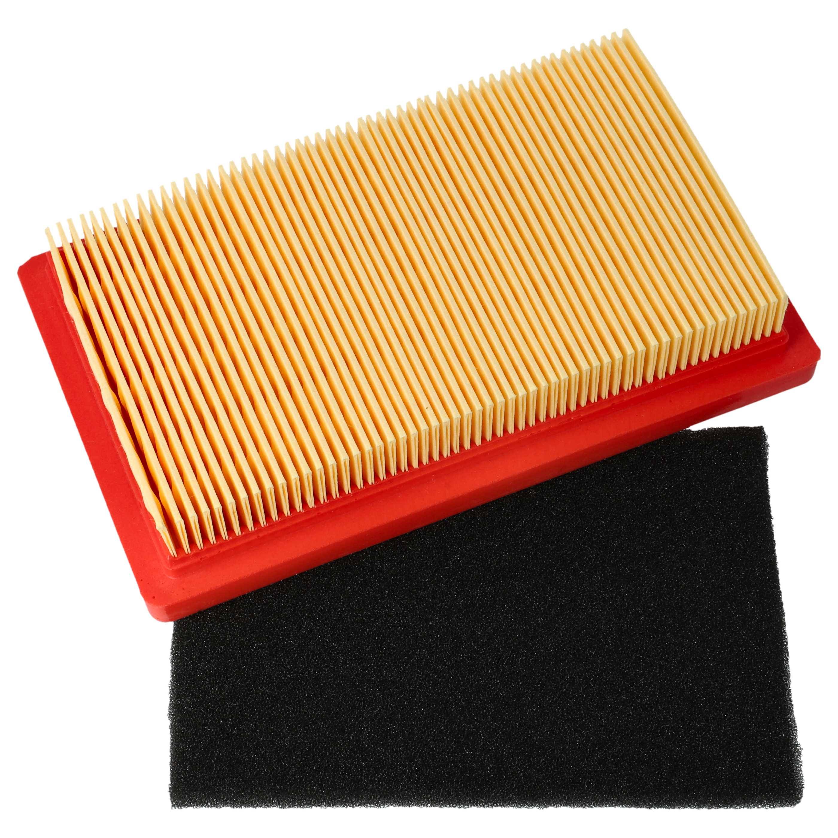 Rechteckiger Luftfilter mit gefalteter Papier- und rotem Rahmen oben auf einem schwarzen Schaumstofffilterpad.