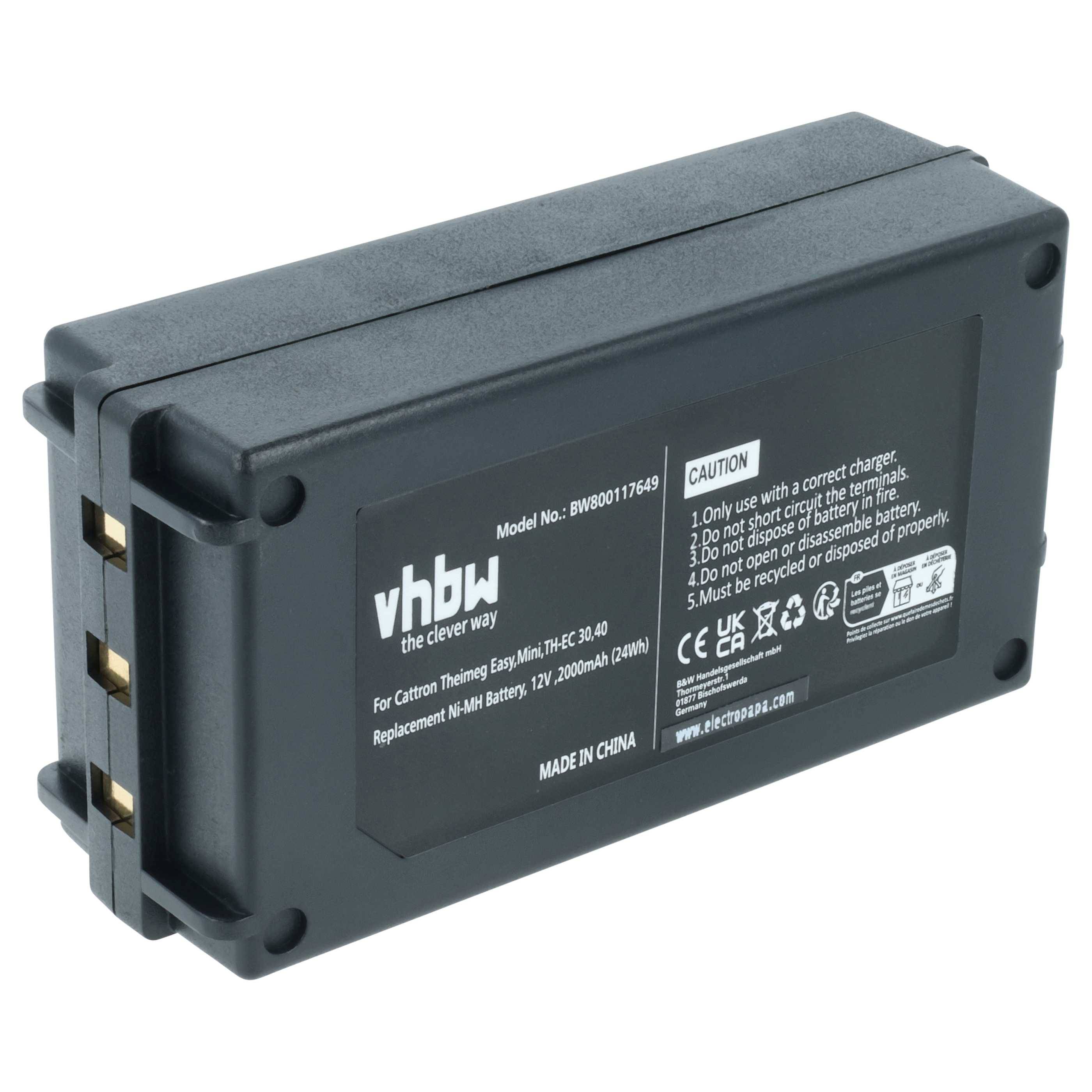Das Bild zeigt eine rechteckige, schwarze Batterie mit der Aufschrift 'vhbw', die Spezifikationen für Canon-Camcorder-Modelle, Warnhinweise und Kapazitätsangaben enthält.