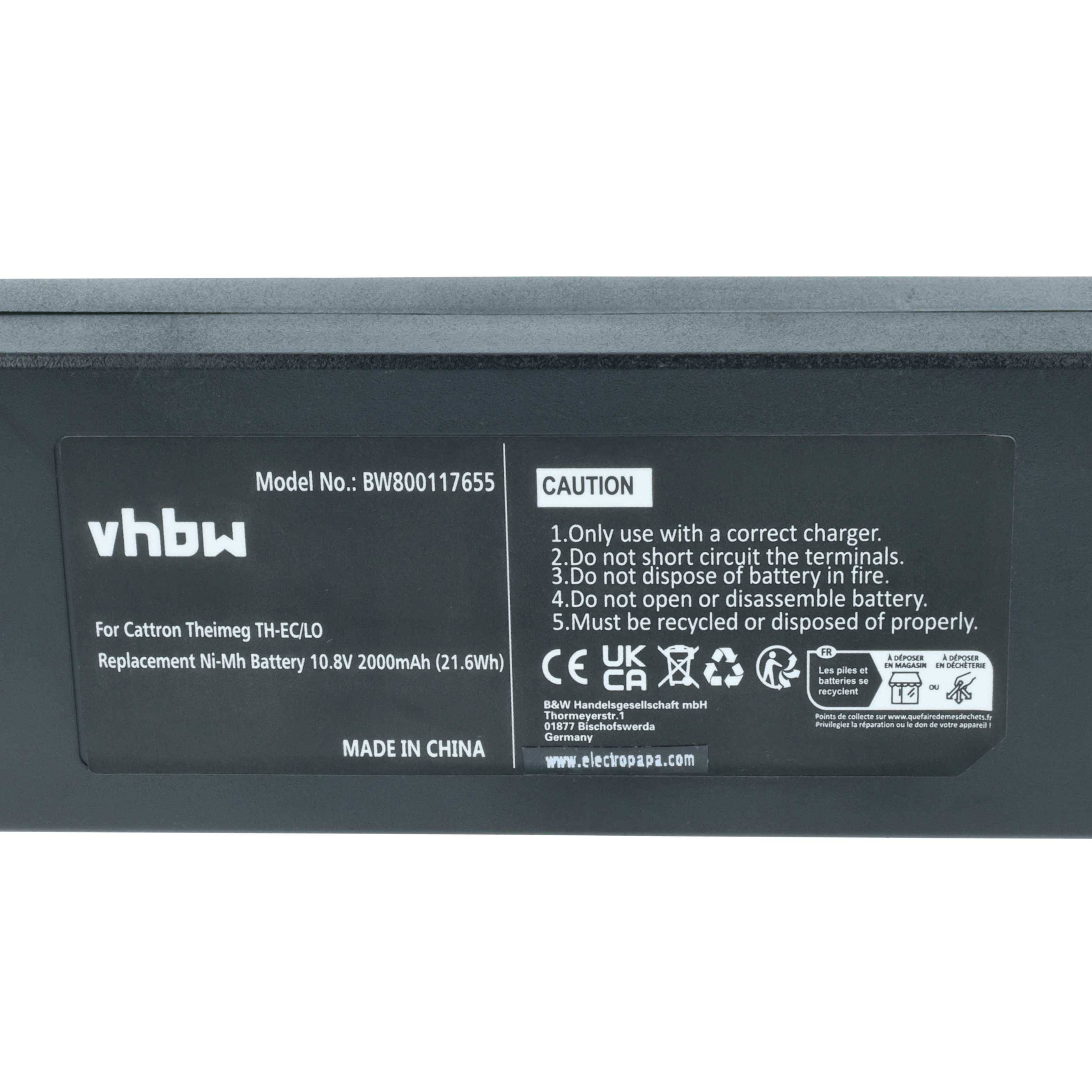Das Bild zeigt eine Batterieetikette für das Modell BW800117655, die eine Ersatz-Ni-MH-Batterie (10,8V, 2000mAh) anzeigt. Warnhinweise umfassen das Verbot von Kurzschluss, Zerlegen oder Entsorgung im Feuer. Hergestellt in China.