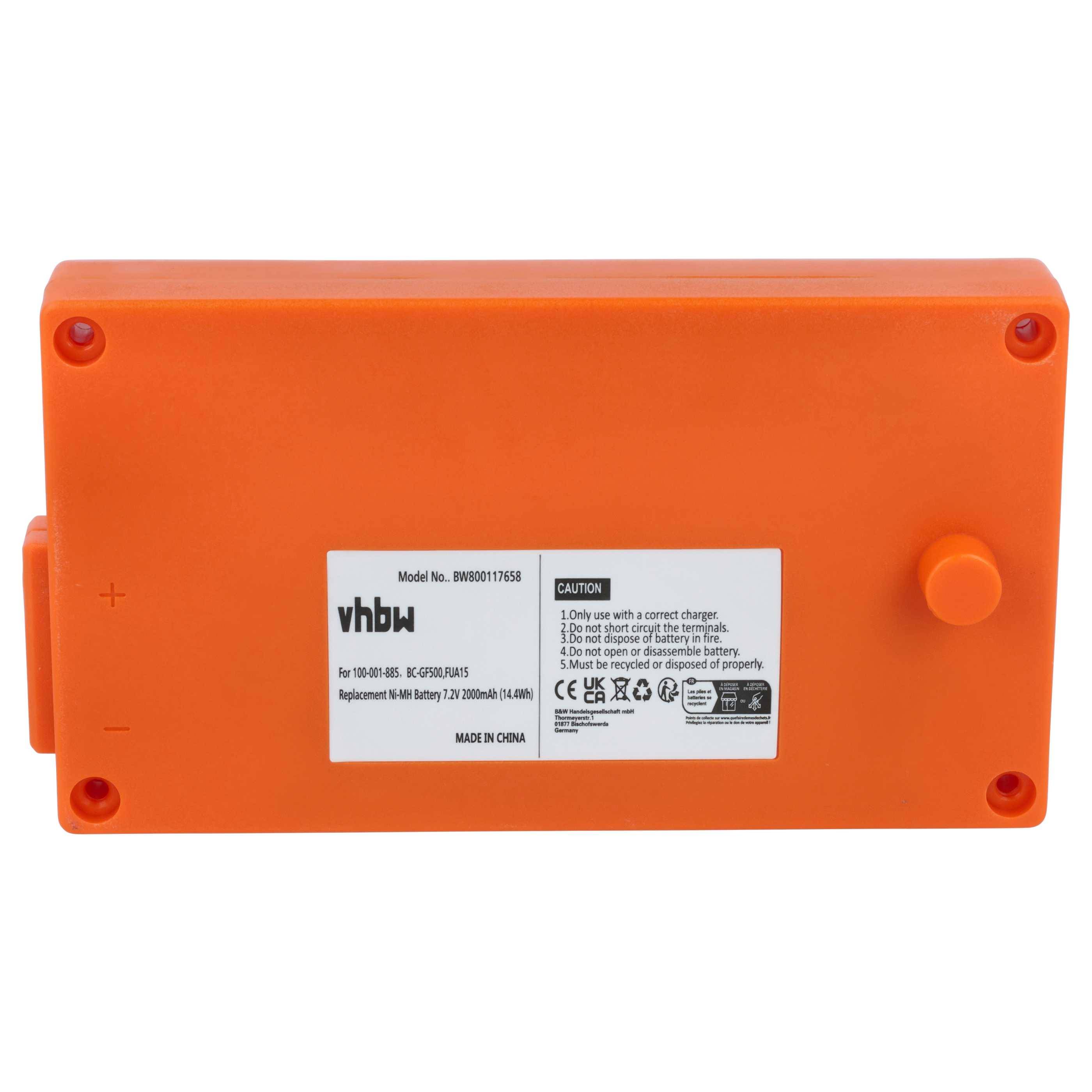 Orange rechteckiger vhbw Akku mit Etikett mit der Aufschrift 'Model No: RVB001T10508'. Für Vorwerk Kobold VR200/ VR300. Enthält Sicherheitssymbole.