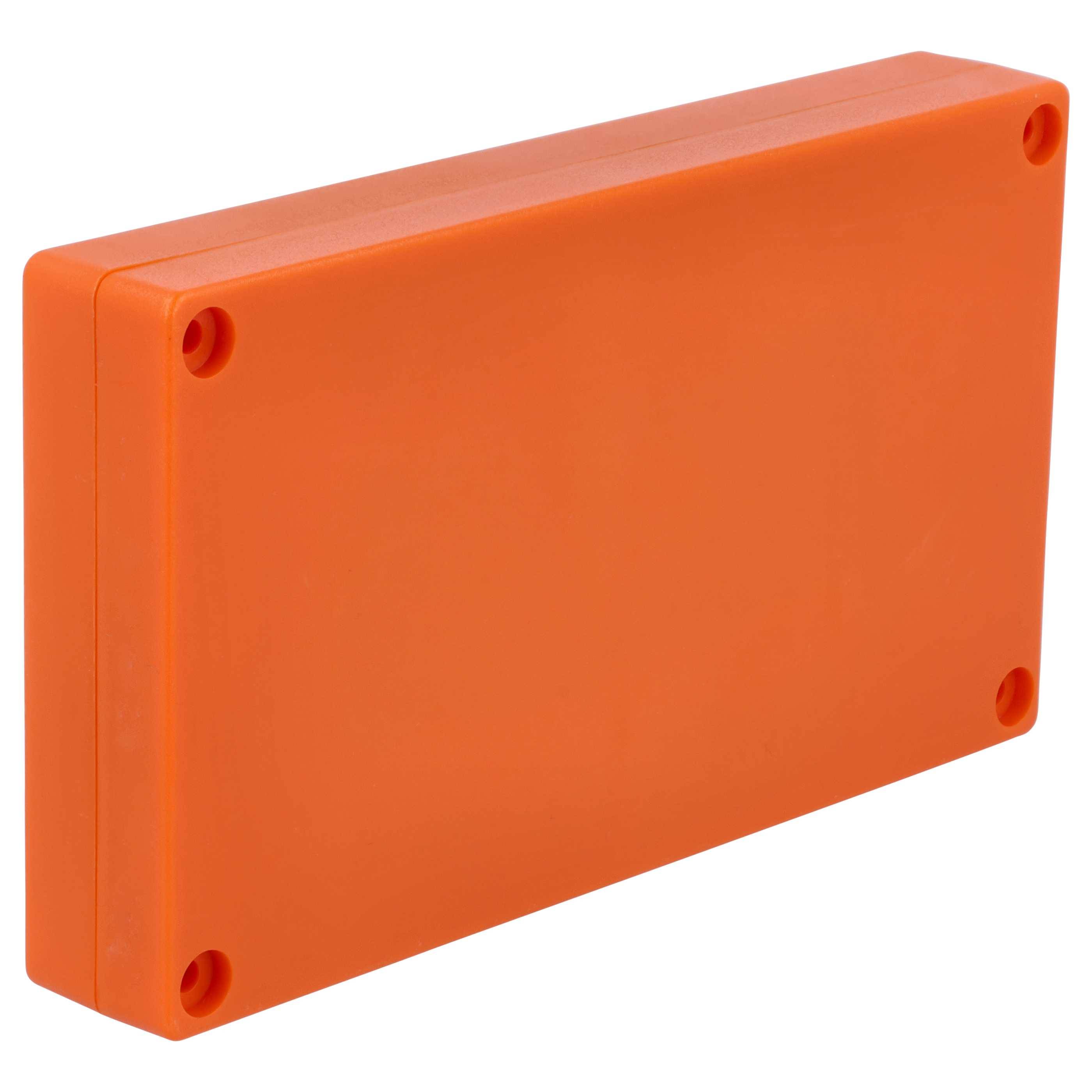 Eine orange rechteckige Kunststoffgehäuse, wahrscheinlich zur Aufnahme von elektronischen Bauteilen verwendet, mit vier Schraublöchern an den Ecken.