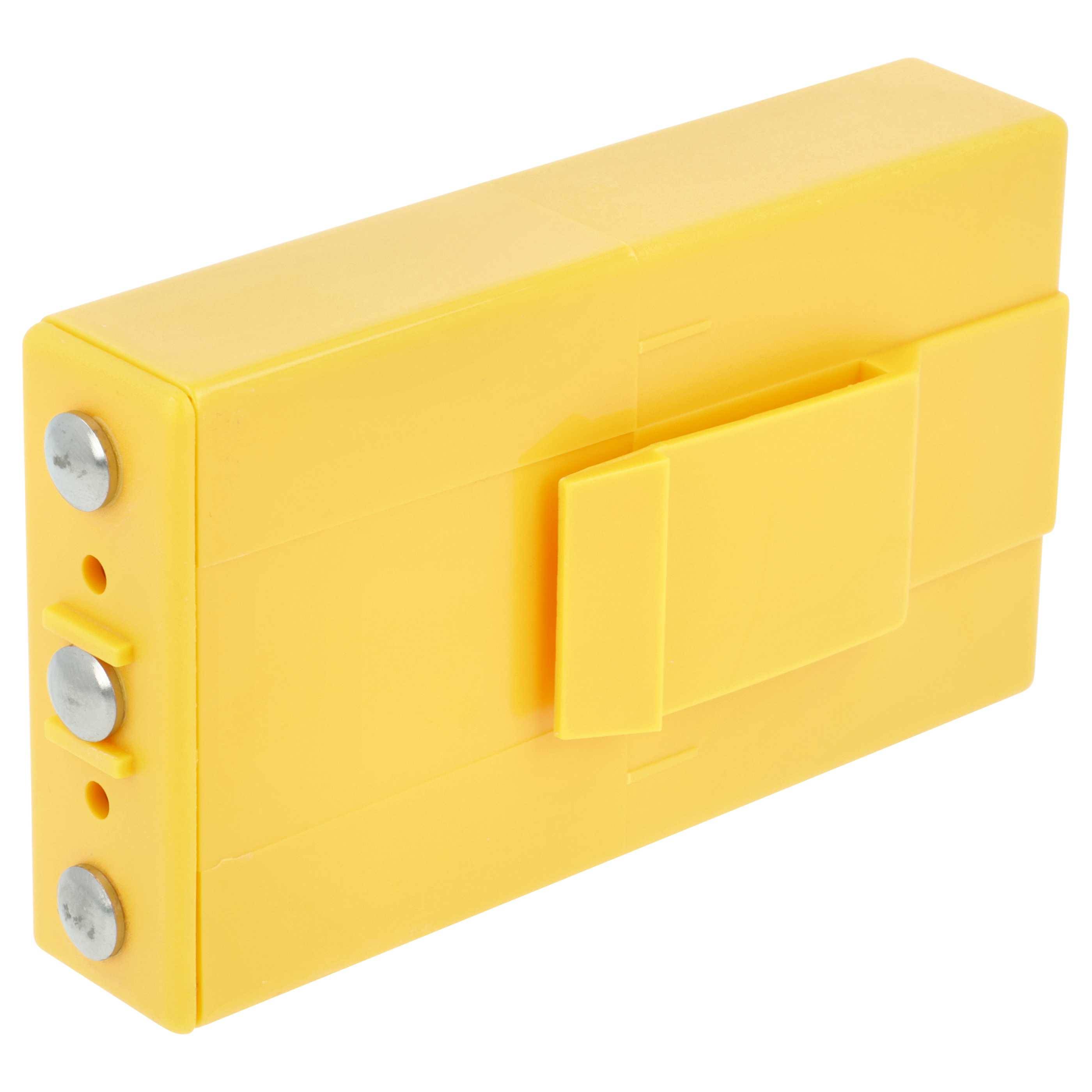 Ein gelbes Plastikgerät, das einer großen Batterie ähnelt, mit drei Metallkontakten, höchstwahrscheinlich ein Schlüsselversteck mit einem Schiebefach.