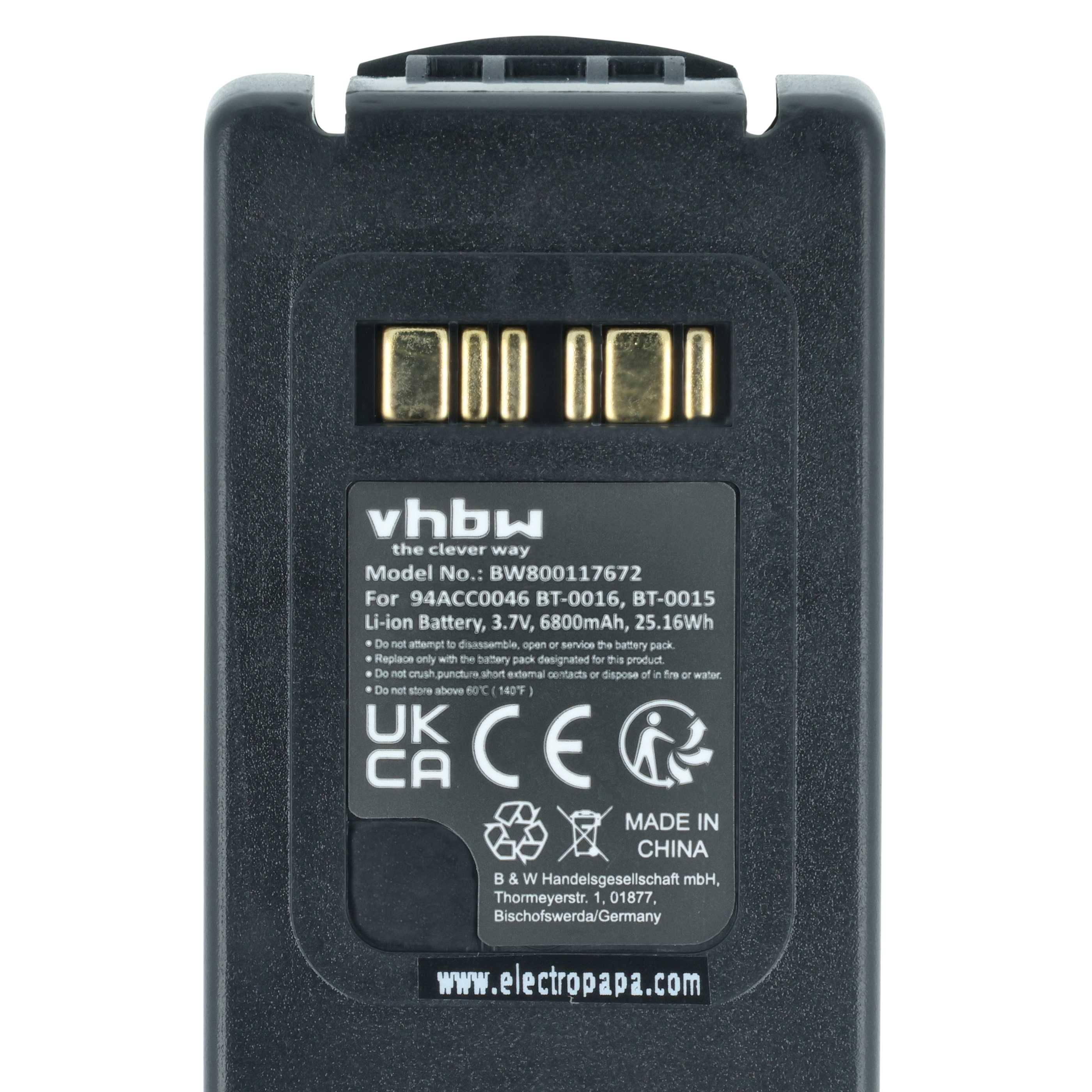 Akkupack mit Modellnummer 'BW800117672' und einer Kapazität von 6800mAh, hergestellt in China, mit Konformitätslogos und einer deutschen Adresse.