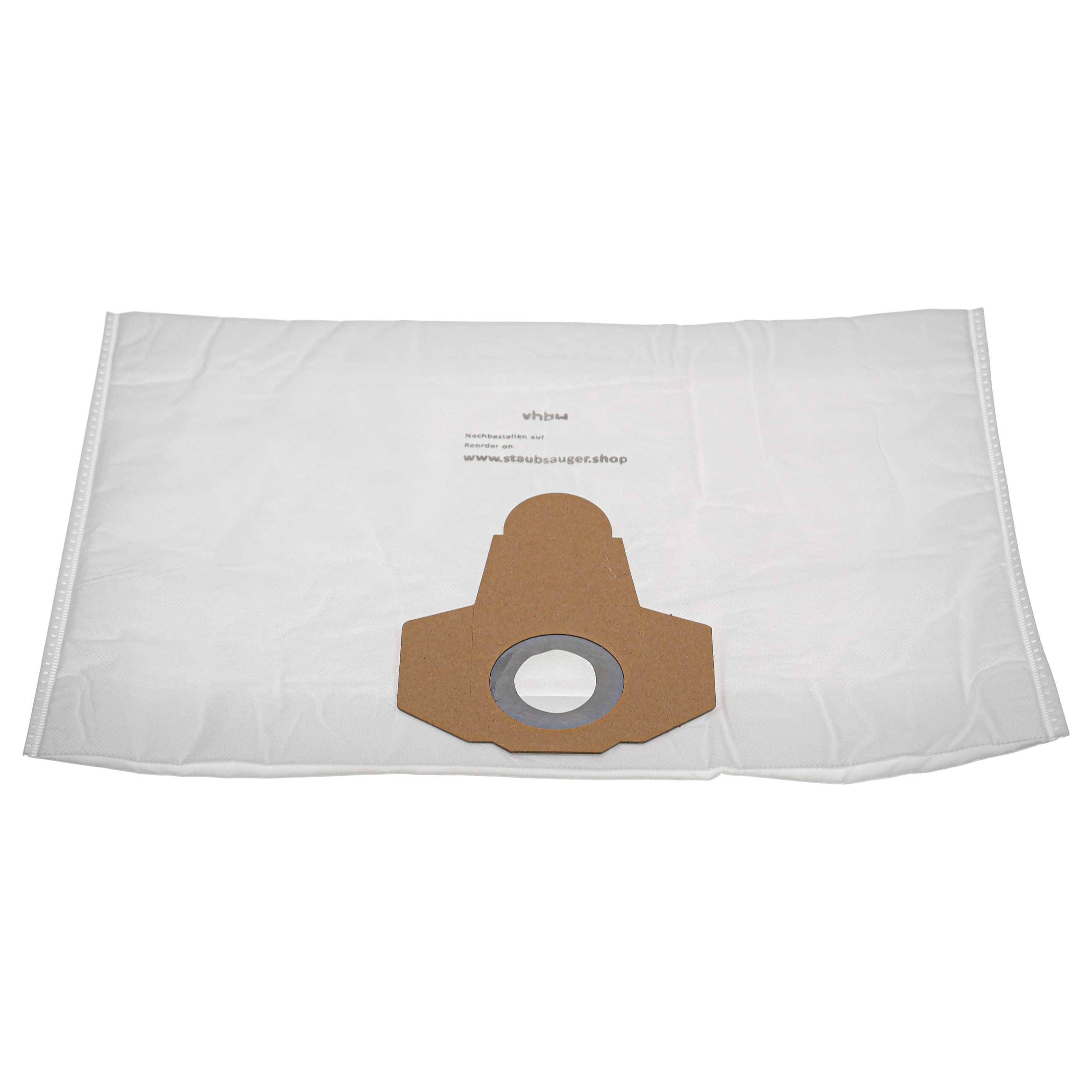 Ein Staubsaugerbeutel mit einer Pappöffnung, entwickelt, um Staub und Schmutz zu fangen, flach auf weißem Hintergrund dargestellt.