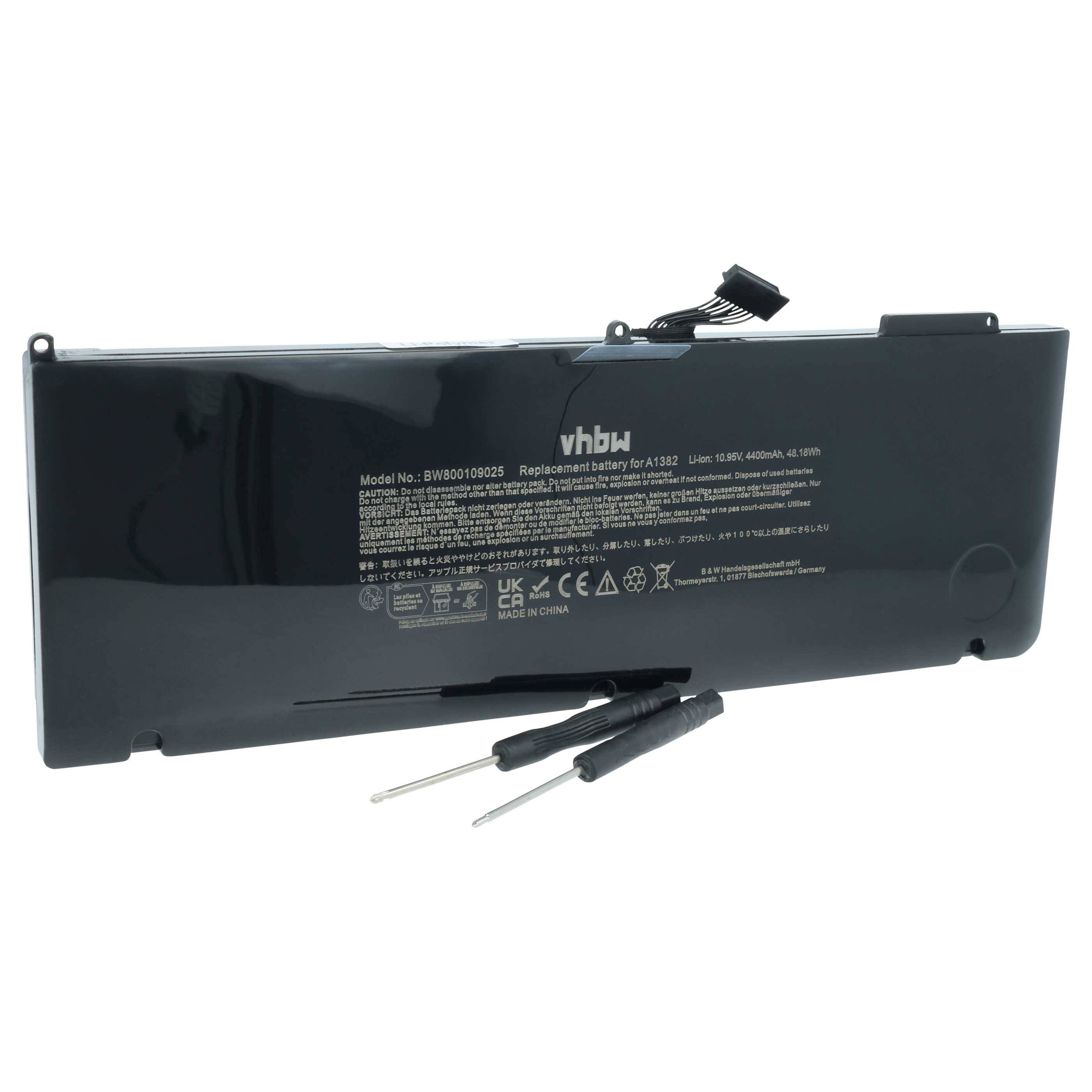 vhbw Akku kompatibel mit Apple Macbook Pro 15" MD104LL/A, Unibody 15" A1286 ( 2011) Notebook (4400 mAh, 10,95 V, Li-Polymer)