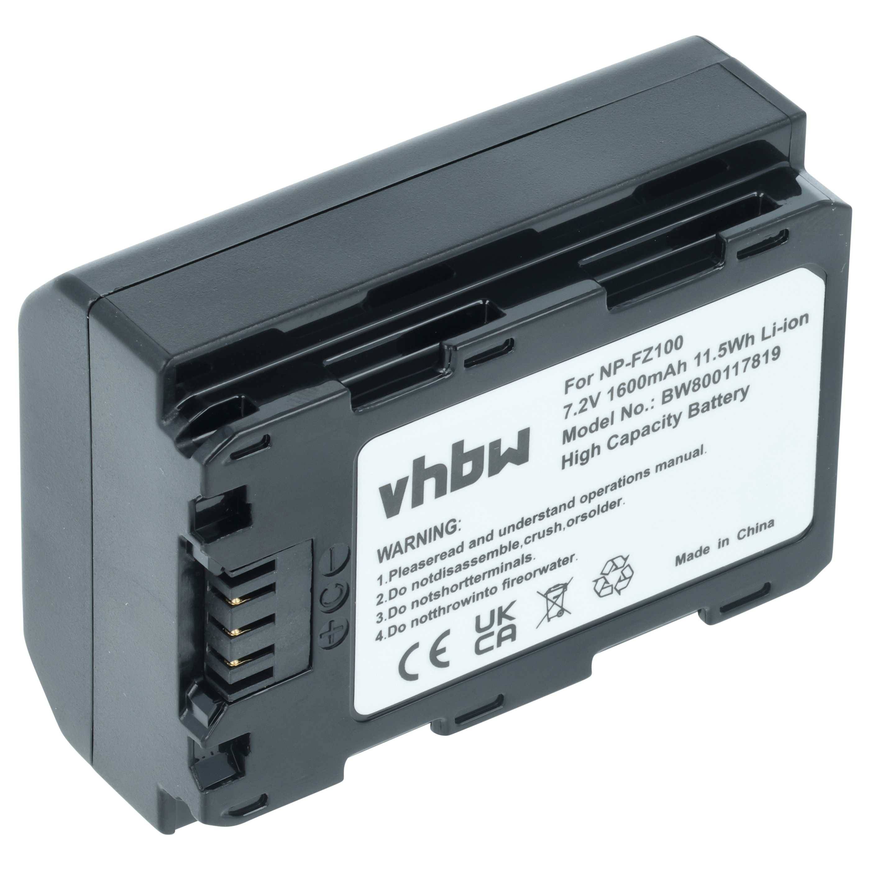 Ein rechteckiger Lithium-Ionen-Akku der Marke 'vhbw' für eine Panasonic-Kamera, Modell NP-FZ100, 7,2V, 1600mAh, mit Sicherheitswarnhinweisen.