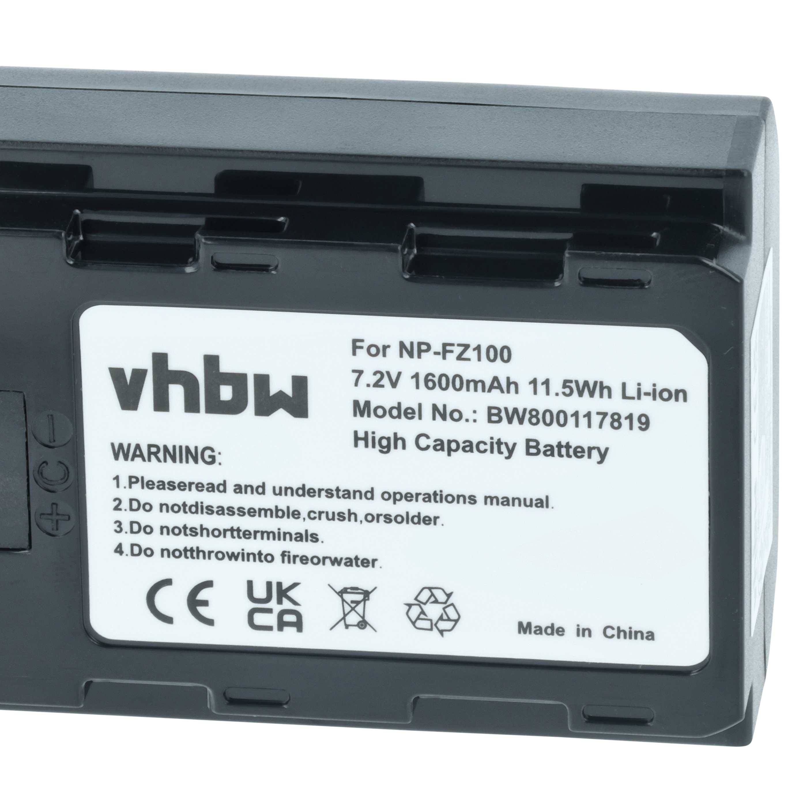Eine schwarze vhbw Marken-Hochkapazitäts-Li-Ionen-Batterie für NP-FZ100, 7,2V, 1600mAh, 11,5Wh. Enthält die Modellnummer BW800117819 und Sicherheitswarnhinweise.