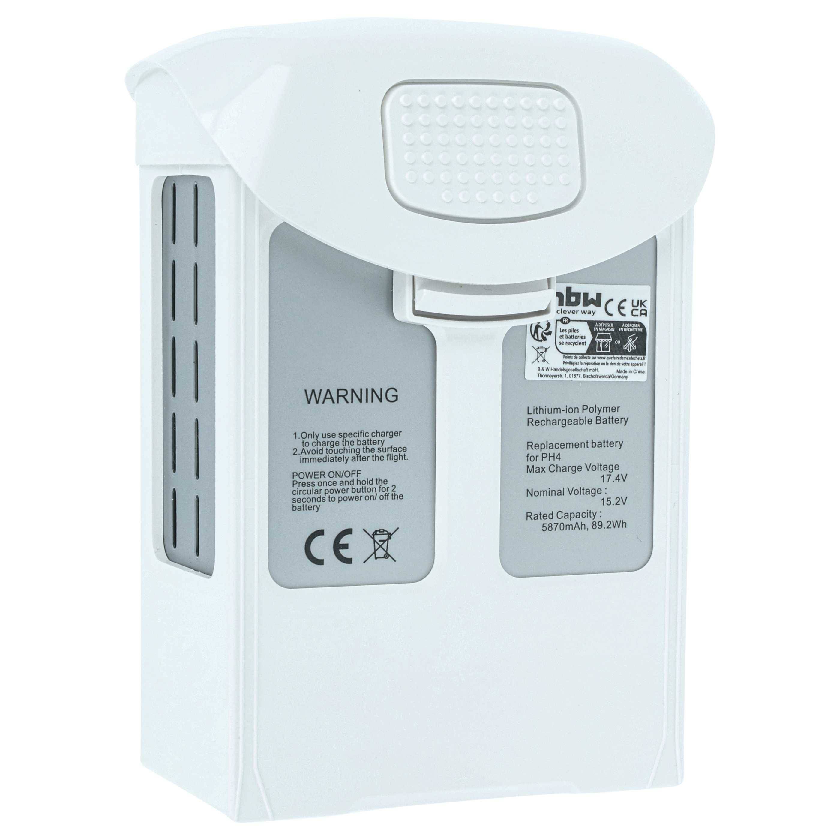 Weiße wiederaufladbare Lithium-Polymer-Batterie mit Warnhinweis-Etikett, CE- und Recycling-Symbolen sowie Spezifikationen: 15,2V, 5870 mAh, 89,2 Wh.