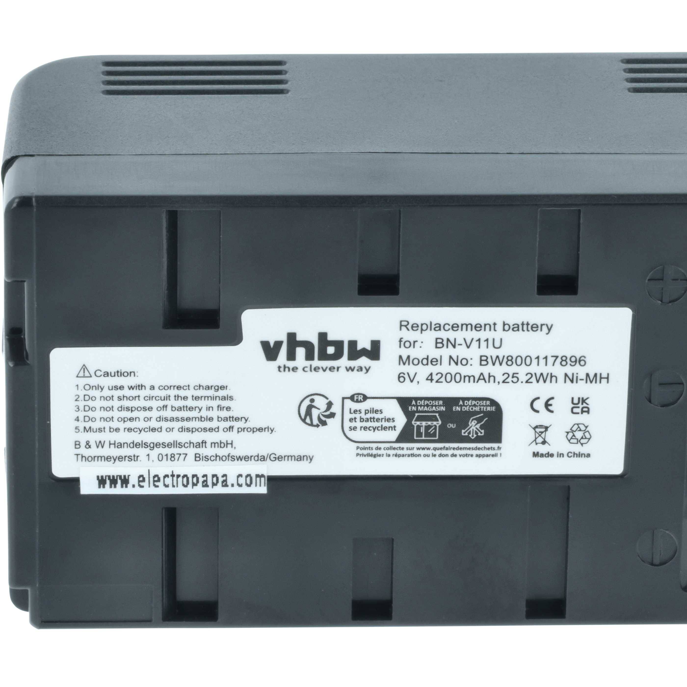 Ersatzbatterie für BN-V11U, 6V, 4200mAh, 25.2Wh, Ni-MH. Modell: BWB00117896. Sicherheitshinweise und Herstellerwebsite inklusive.