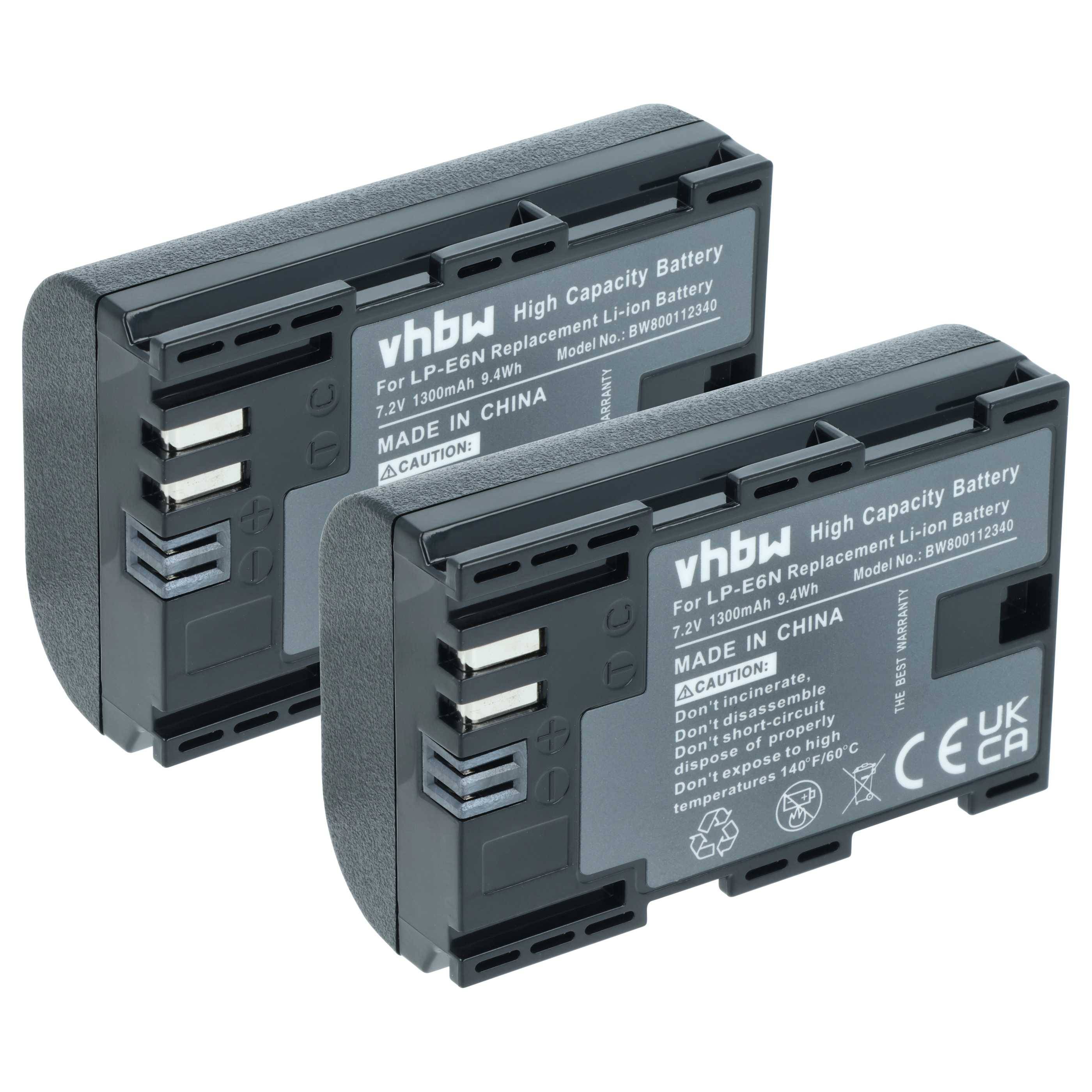 Zwei hochkapazitive Lithiumbatterien des Modells LP-E6N, 7,2V, 1900mAh, gekennzeichnet mit 'vhbw'. Text enthält 'Made in China' und Vorsichtshinweise.