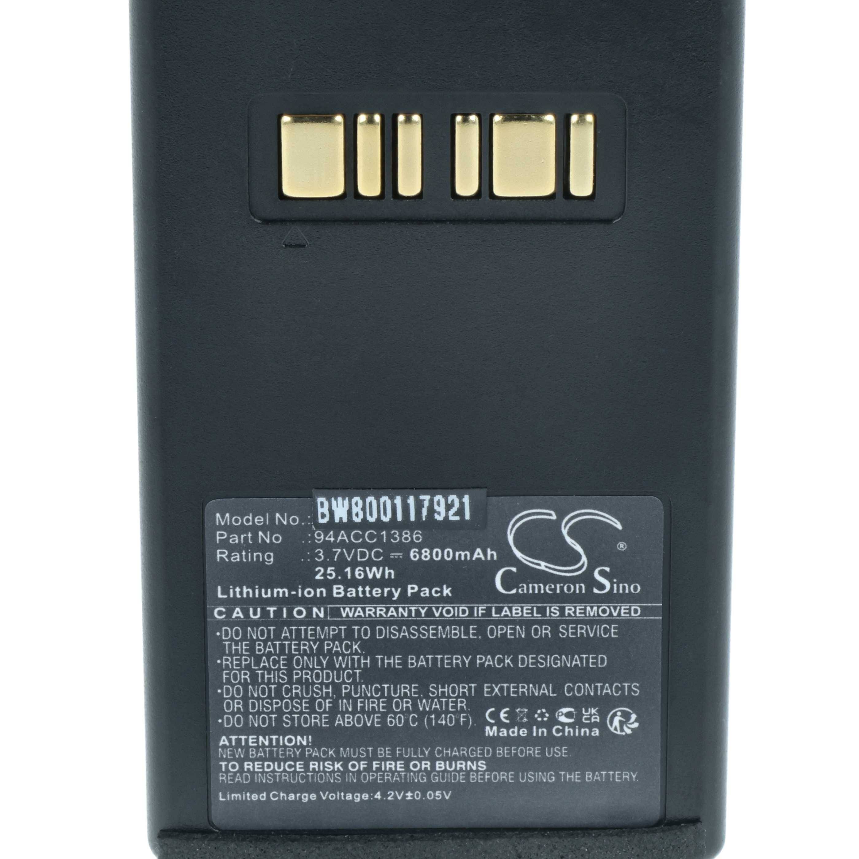 Rückseite eines Akkupacks mit goldfarbenen Kontaktstiften und einer Etikette mit der Modellnummer BW800117921, 3,7V 6800mAh, 25,16Wh, Cameron Sino Lithium-Ionen-Akkupack.