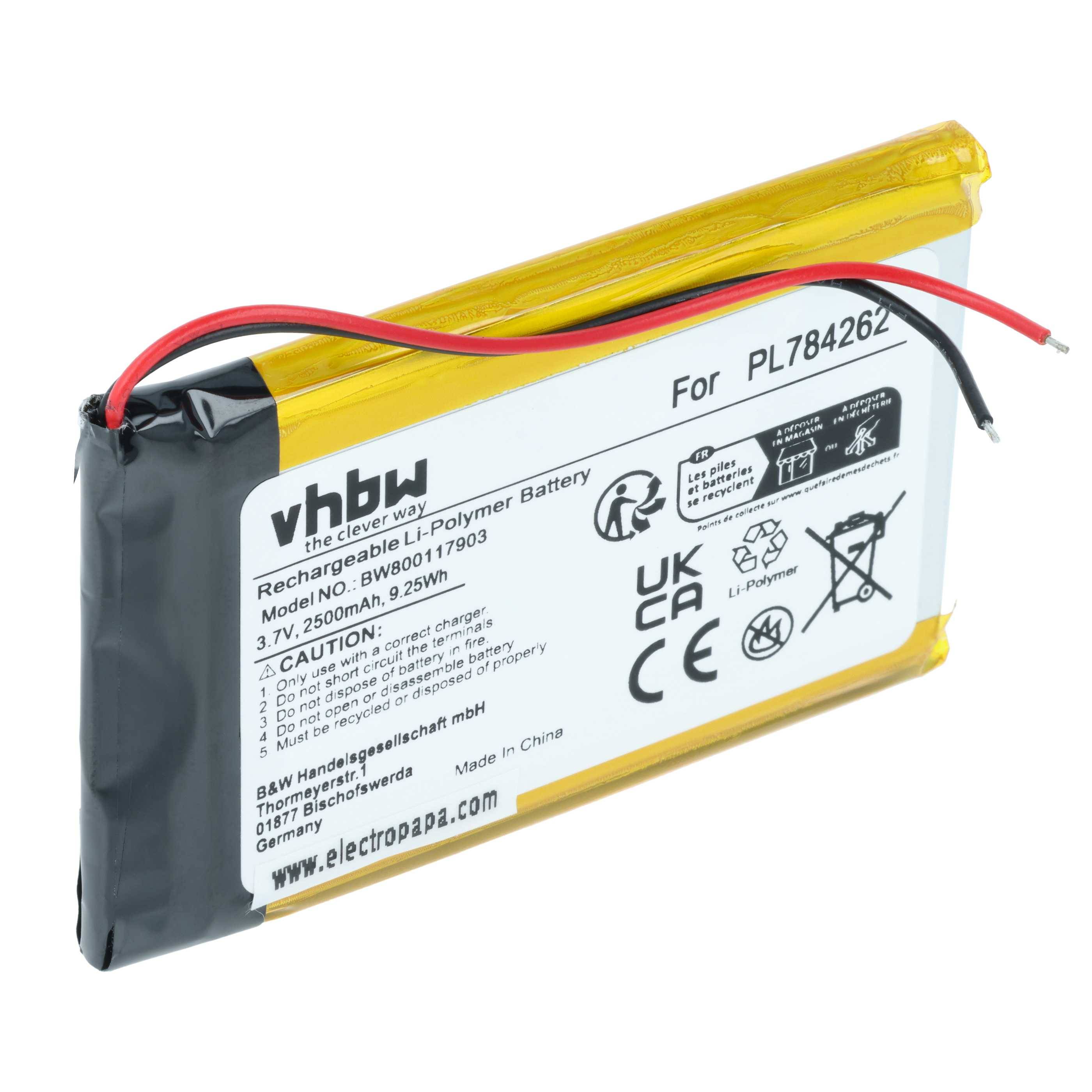vhbw Akku Ersatz für Teasi PL784262 für GPS Navigation Navi (2500 mAh, 3,7 V, Li-Polymer)