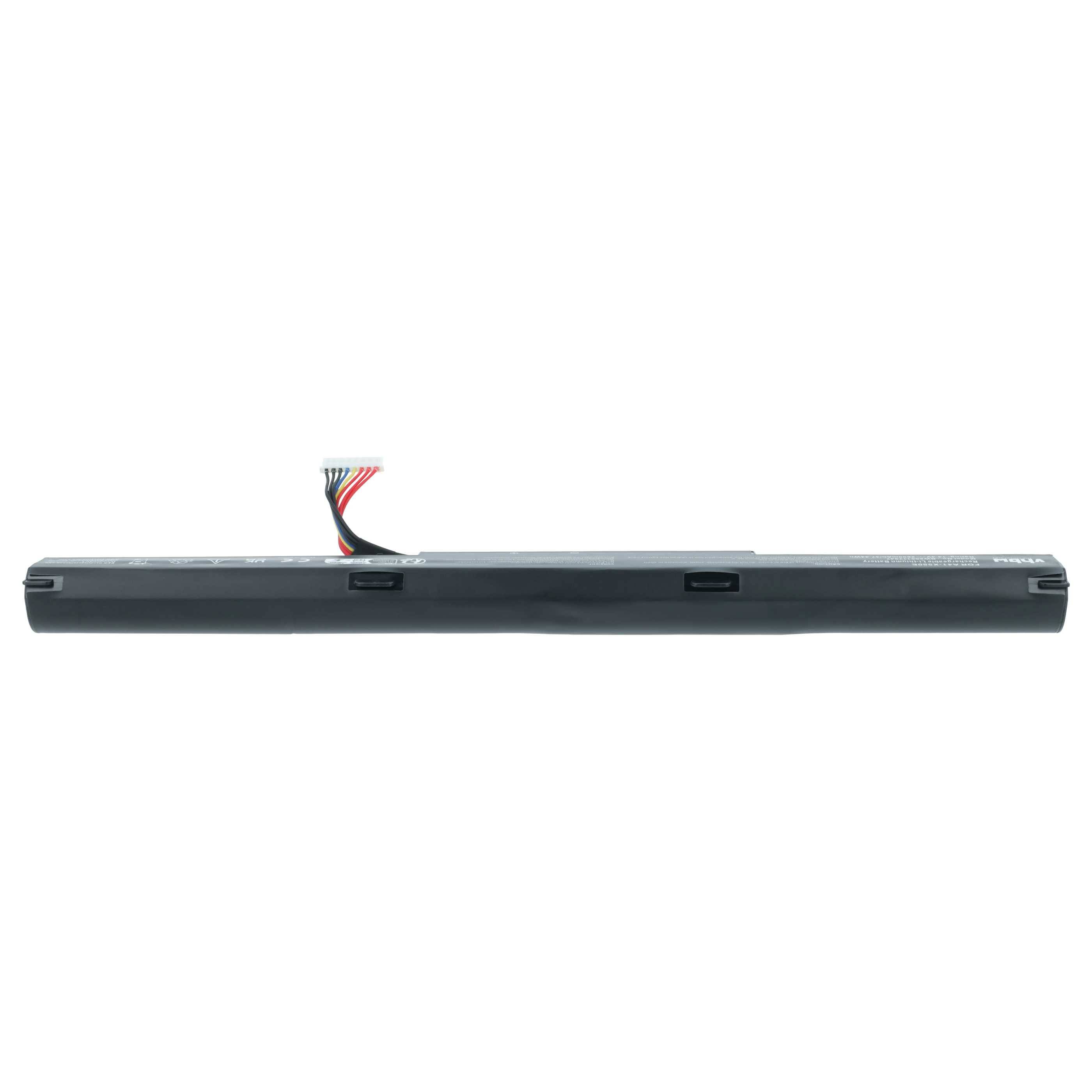 Ein Laptop-Akku mit einem schlanken, rechteckigen, schwarzen Gehäuse und einem mehrfarbigen Steckverbinder, der oben aus dem Gehäuse herausragt.