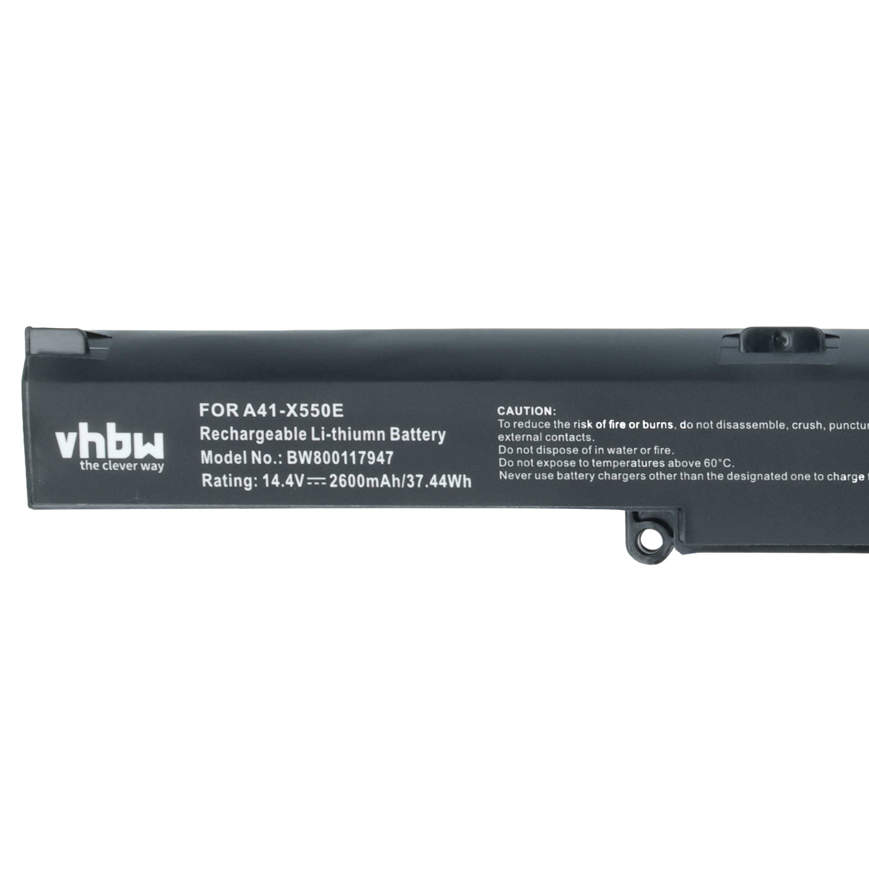 Schwarzer wiederaufladbarer Lithium-Akku für A41-X550E-Geräte, 14,8V, 2600mAh, 37,44Wh. Das Etikett warnt vor Erhitzen oder Entsorgung im Feuer.