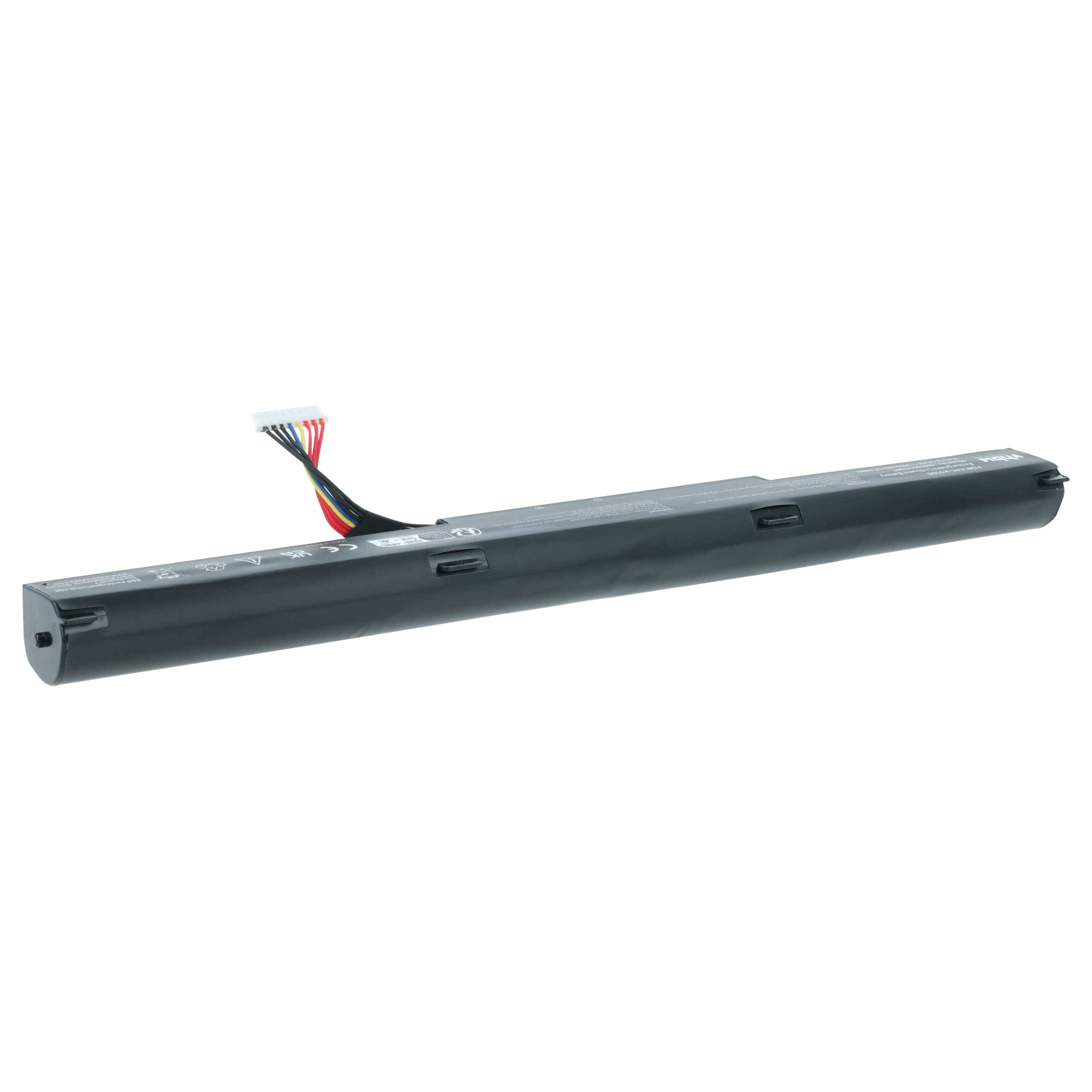 Eine lange, zylindrische Laptop-Batterie mit schwarzem Gehäuse und einem Bündel farbiger Drähte an einem Ende für den Anschluss.