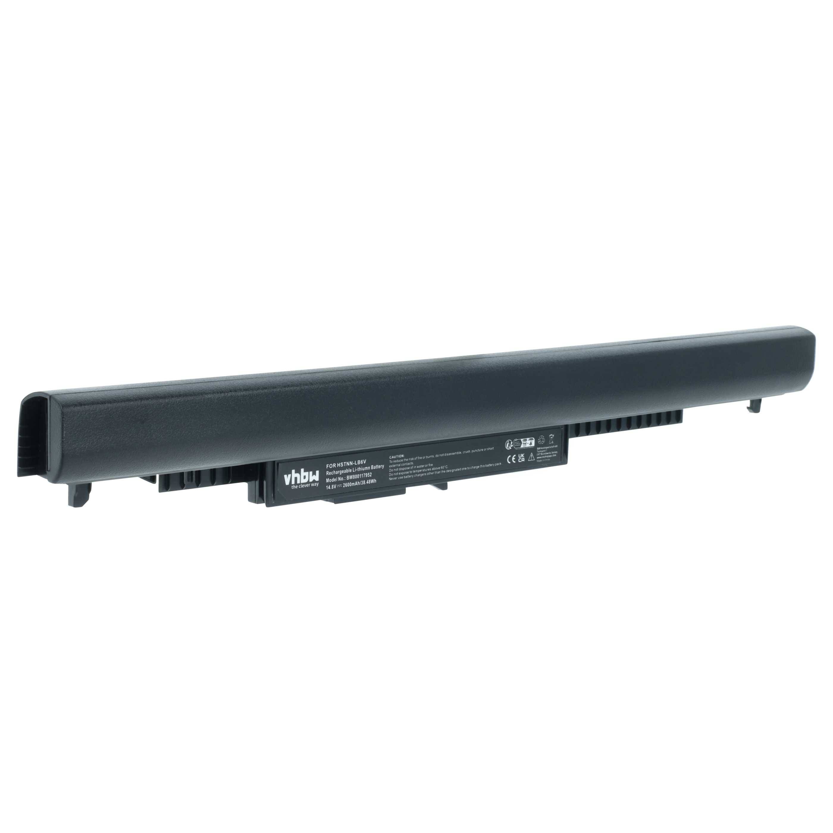 Eine schwarze Laptop-Batterie mit auf der Seite gedruckten Produktspezifikationen, die ein vhbw-Logo trägt, entwickelt für HP Pavilion Modelle.