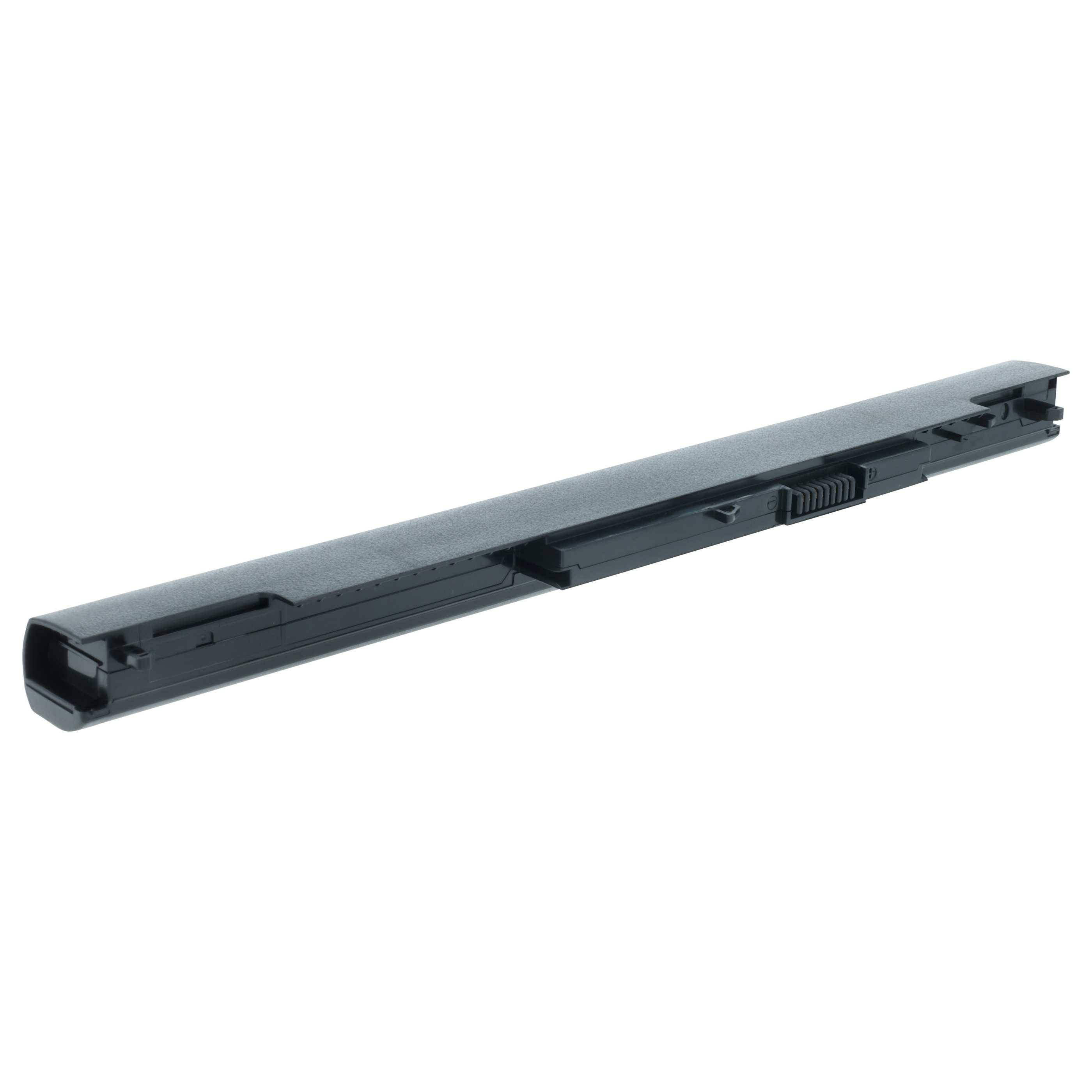 Seitenansicht einer schlanken, rechteckigen, schwarzen Laptop-Batterie mit Anschluss und Verschlussmechanismus.