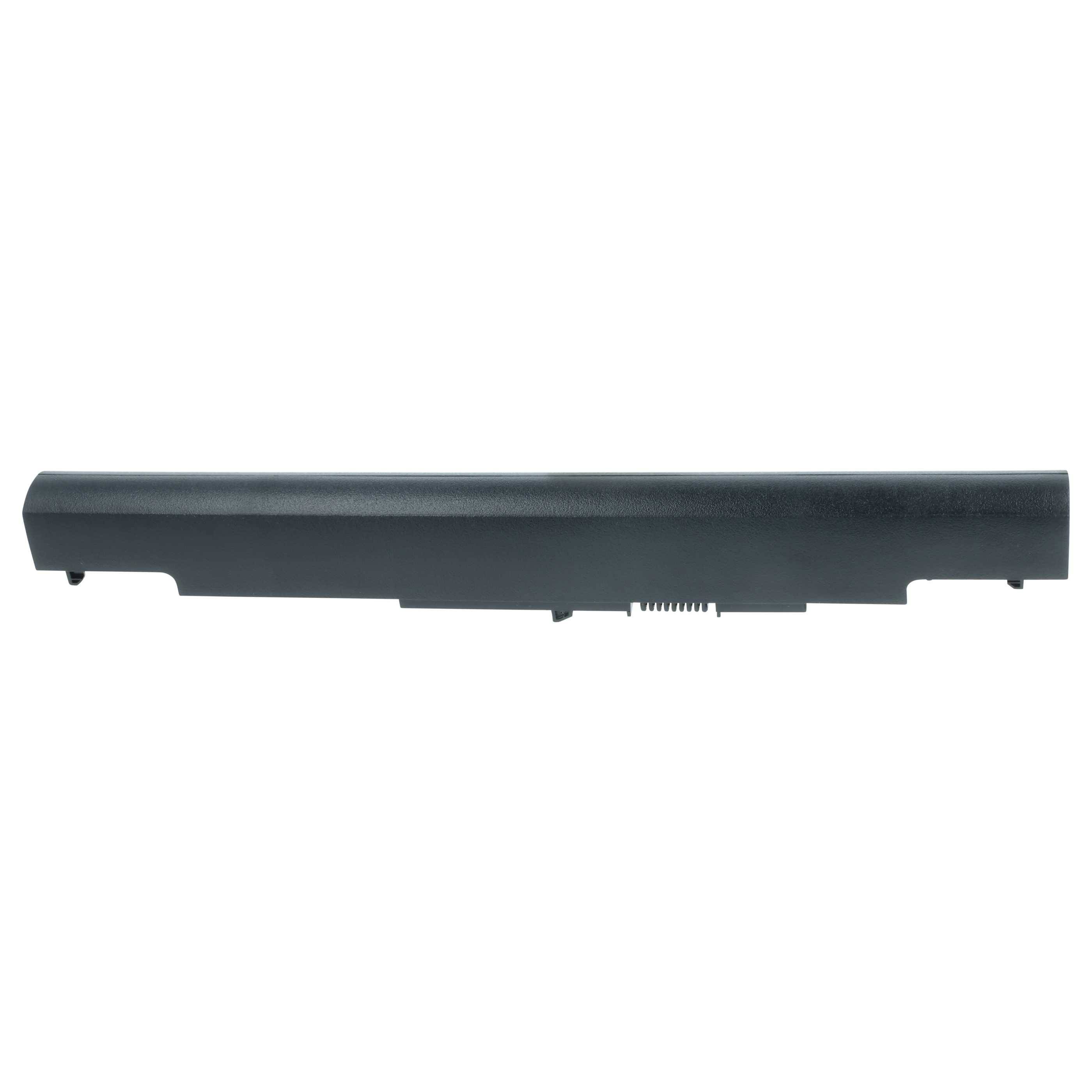 Eine schwarze Laptop-Batterie von der Seite betrachtet, die ihre längliche, rechteckige Form und die Anschlusspunkte am unteren Rand zeigt.