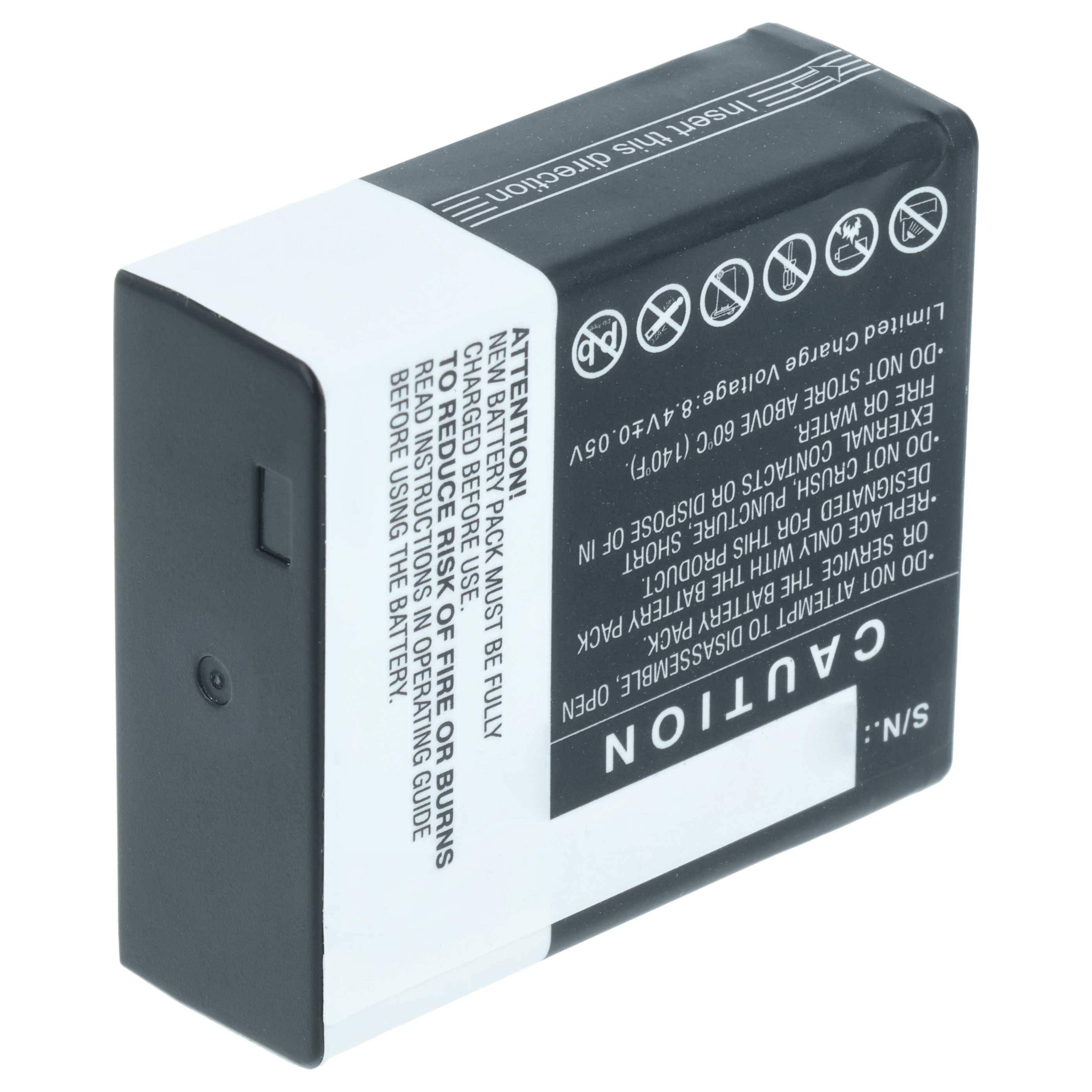 „Eine schwarz-weiße Batterie mit Warnhinweistext und Symbolen, die Recycling und korrekte Gebrauchsanweisungen an ihrer Seite anzeigen.
