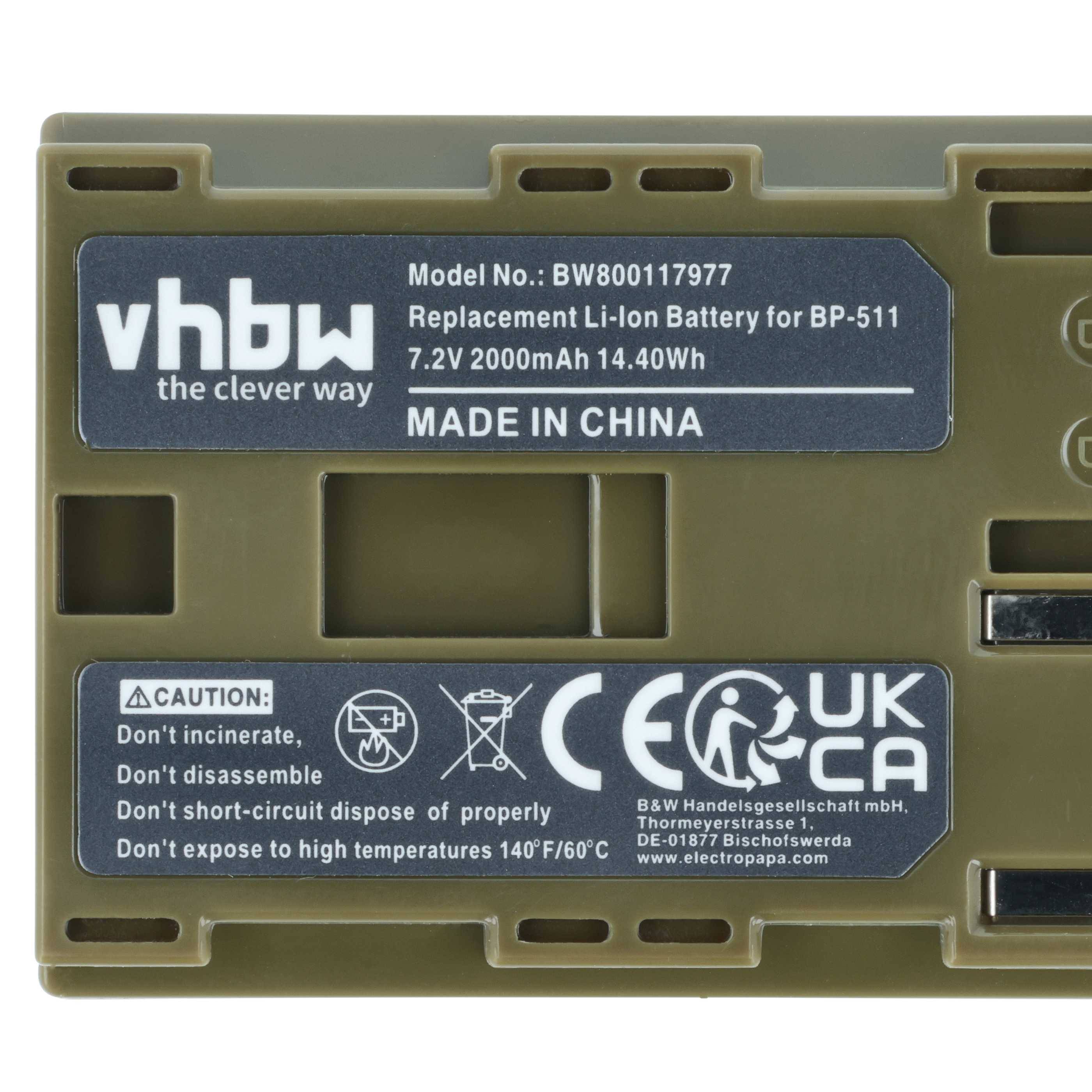 vhbw Li-Ion Akku, Modell BW800117977, 7,2V 2000mAh für BP-511, Hergestellt in China. ACHTUNG: Nicht verbrennen, kurzschließen oder hohen Temperaturen aussetzen.