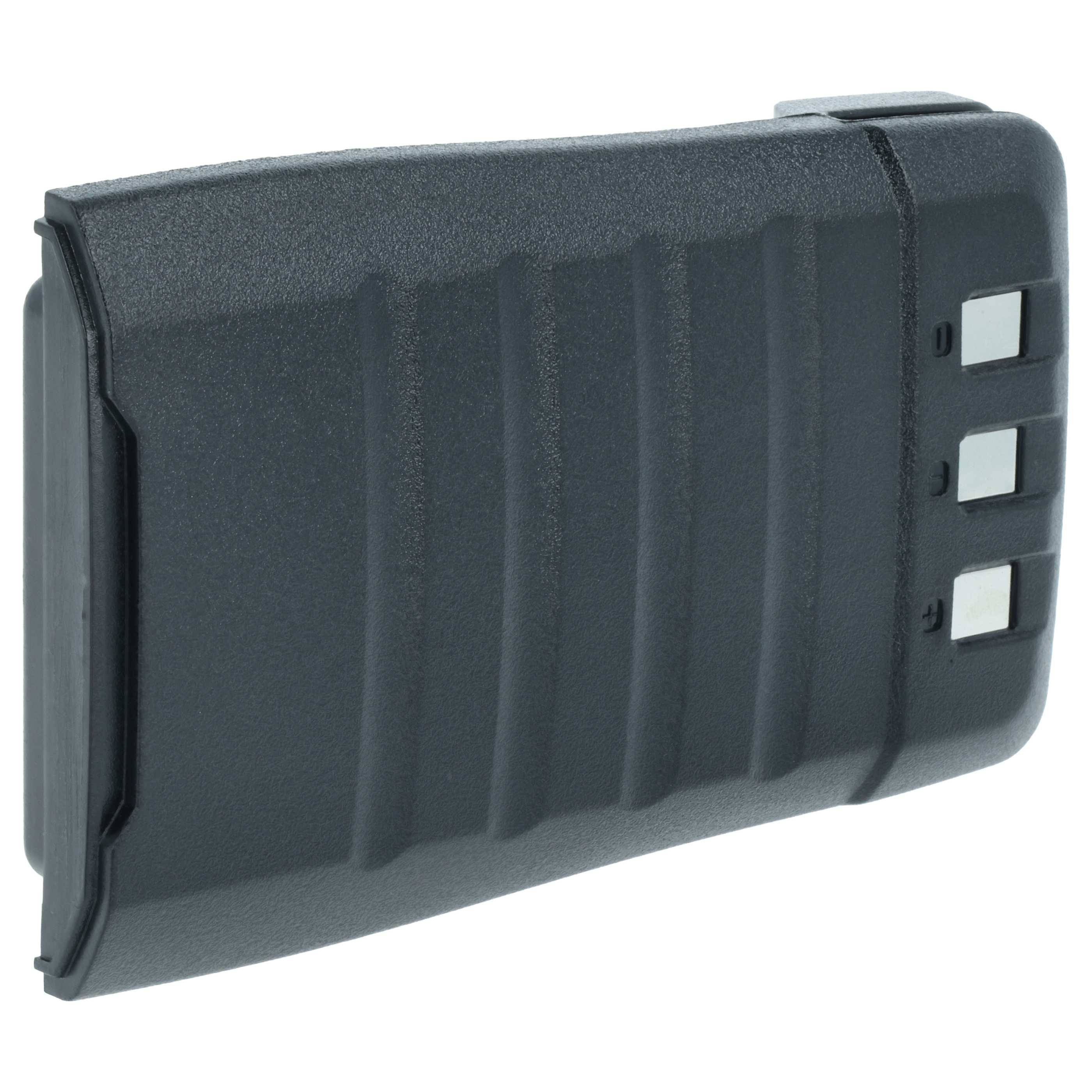 Ein schwarzes, gerilltes Magazin mit glatter, schlanker Gestaltung und drei silbernen Knöpfen an der Seite.