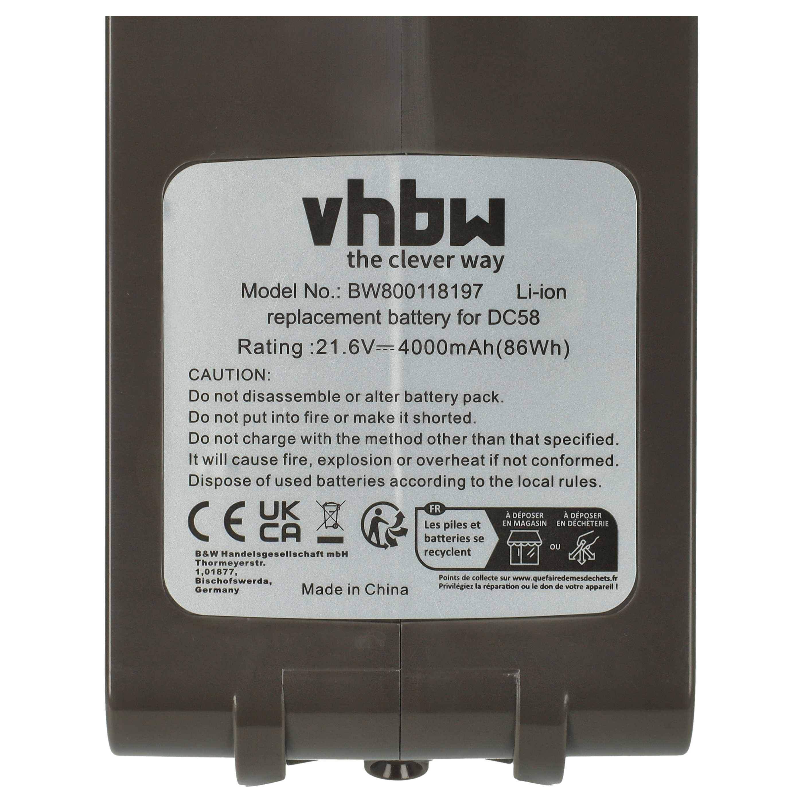 vhbw Akku kompatibel mit Dyson DC59 Animal, DC59 Animal Exclusive, DC59 Animal Complete, DC58, DC59 Staubsauger Grau (4000 mAh, 21,6 V, Li-Ion)